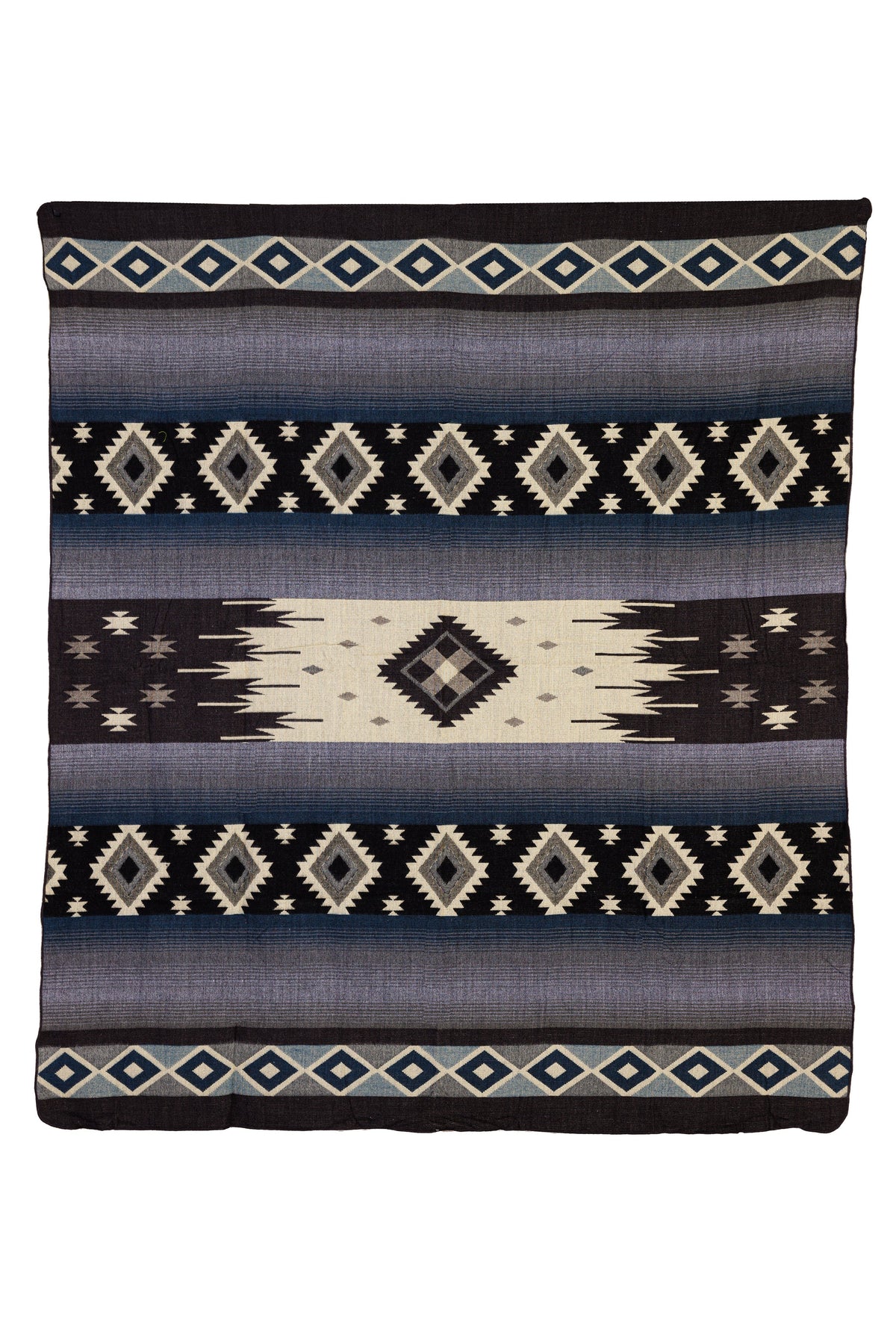 A woven blanket with geometric diamond patterns in dark blue, gray, and black colors.
