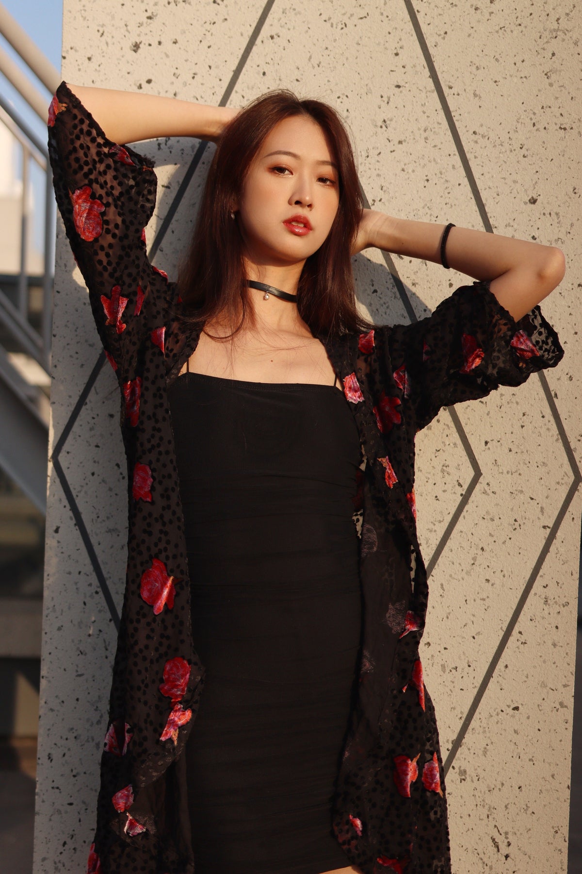 Black Velvet Rose Kimono - Black