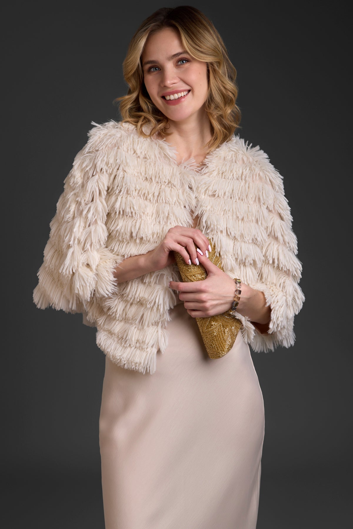 Faux Fur Tasseled Capelet - White