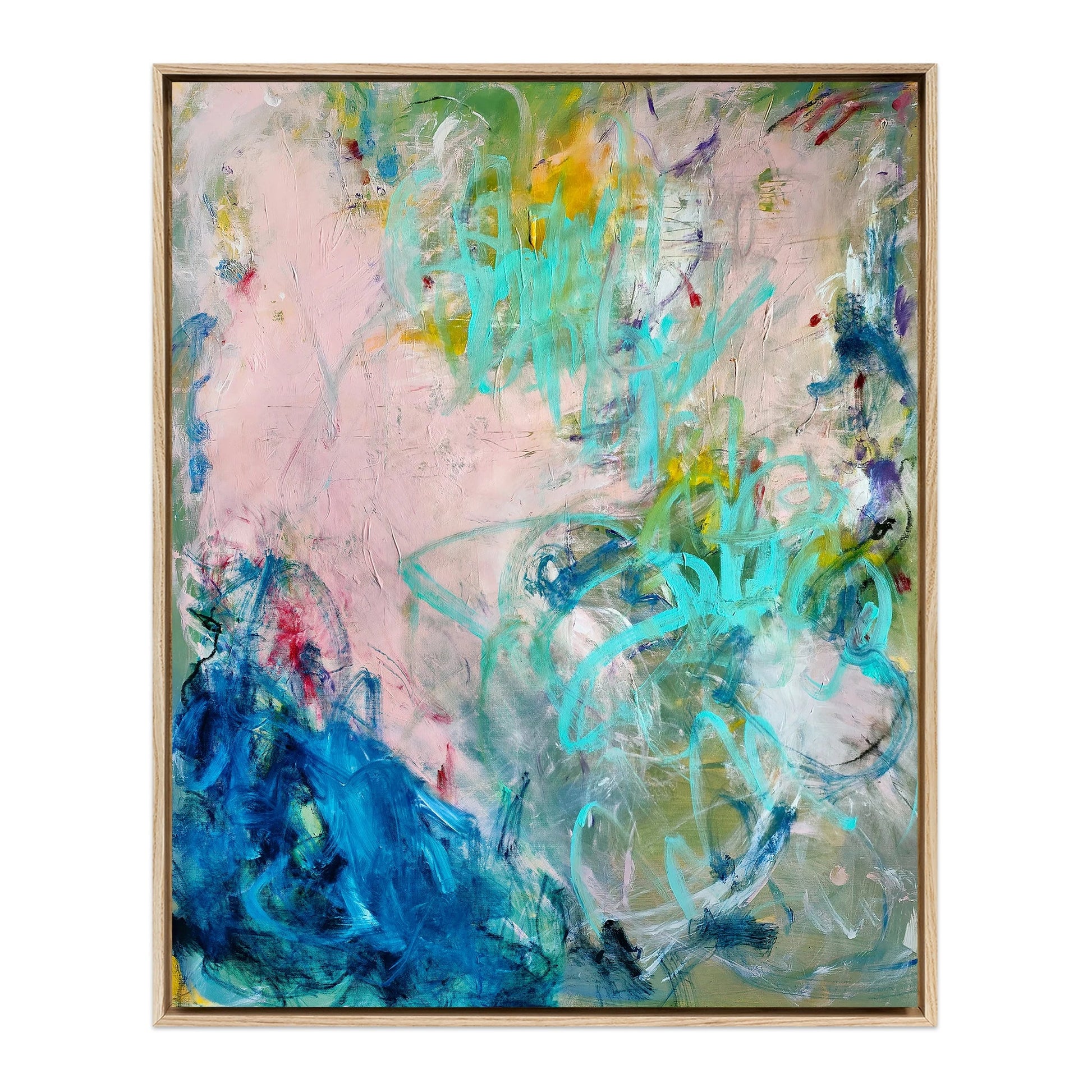 Gloria abstract expressionist canvas print with peach, coral, and sage green tones in natural wood frame. By Emily Starck.
