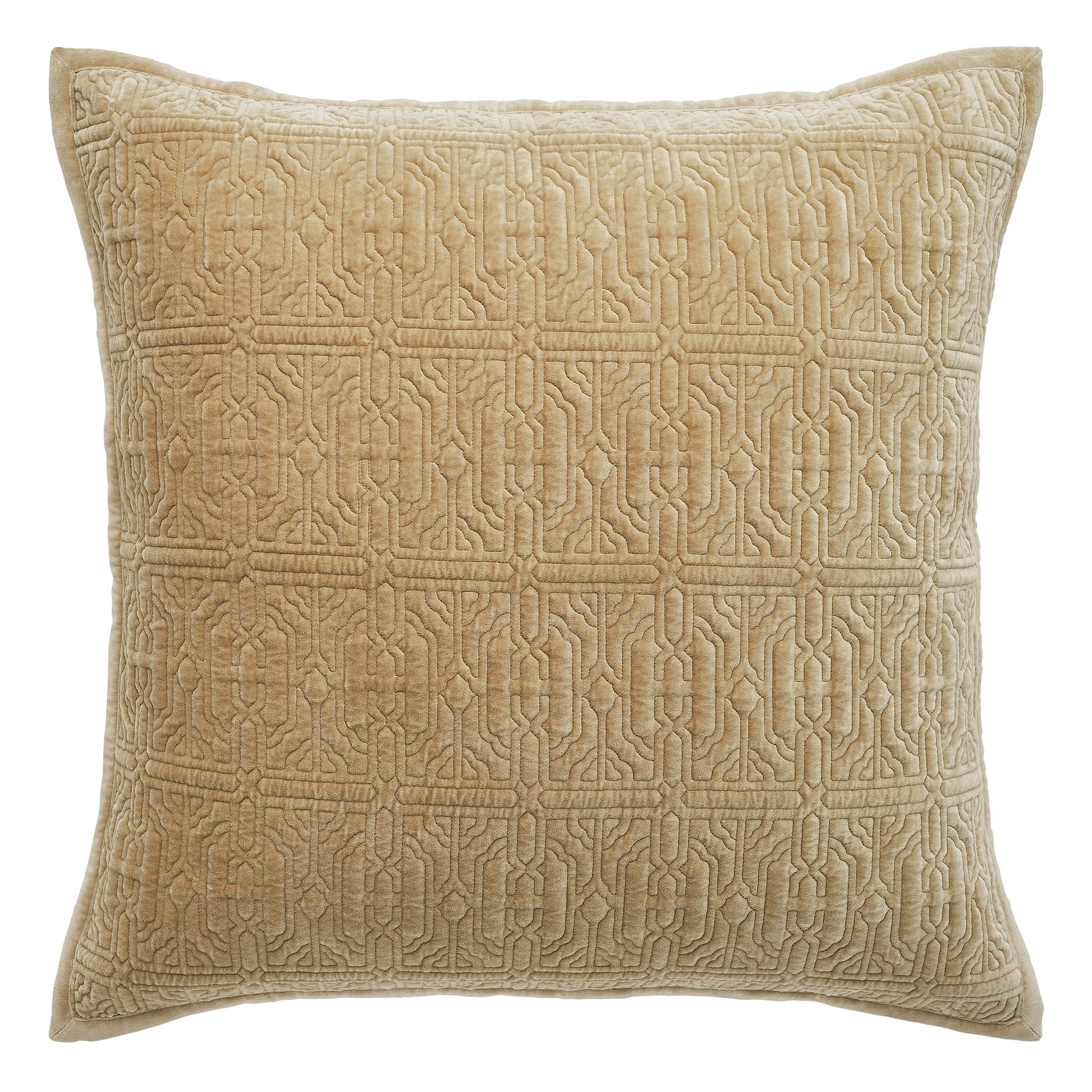ES-377-2626_1|Luxurious tan quilted velvet pillow with intricate geometric pattern, adding elegant texture and cozy comfort to any sofa.