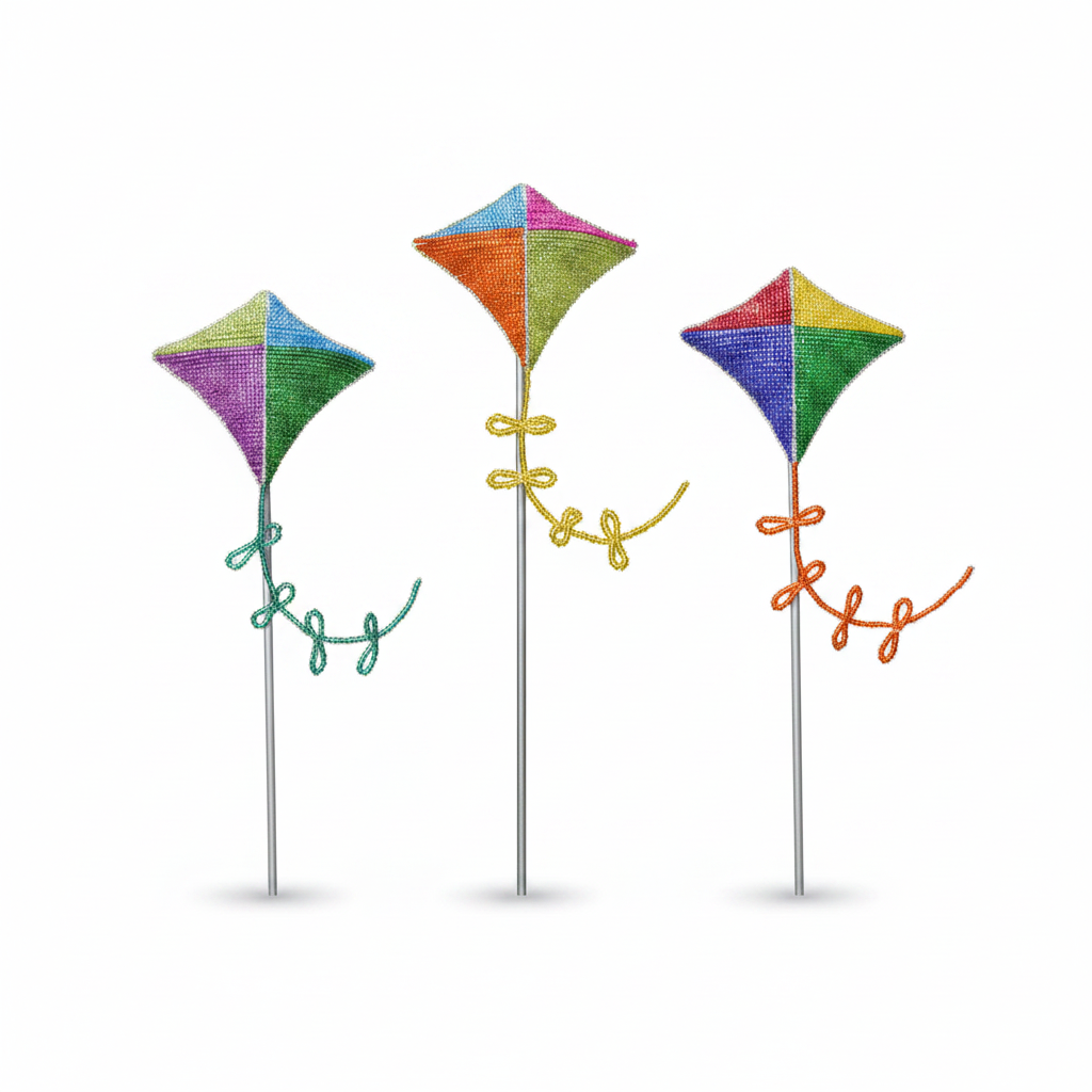 Kite Garden Stake Set of 3 – handmade beaded kite design on white background, colorful glass and acrylic beads