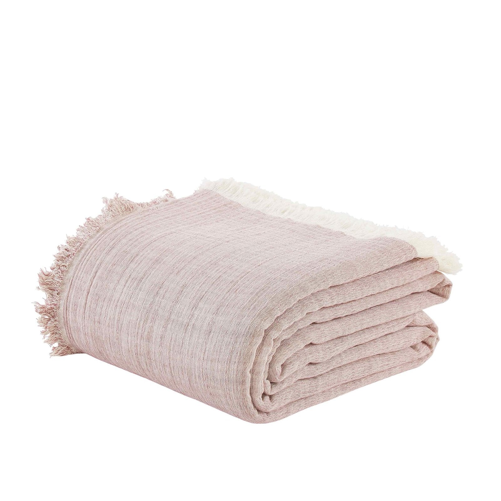 BT-110-11096_3|Folded dusty pink crinkled blanket with frayed edges, revealing its soft texture and reversible design for relaxed home comfort.