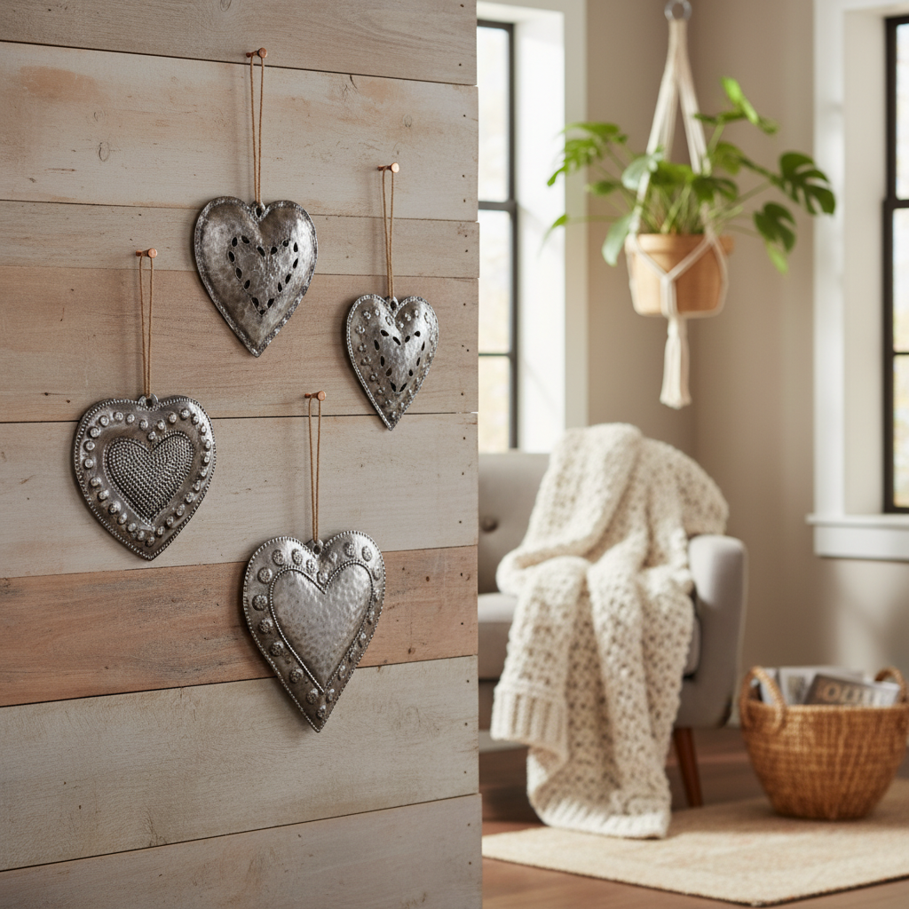 Assorted Small Hearts Set of 4 - Haitian metal art heart ornaments hanging on rustic wooden wall home decor