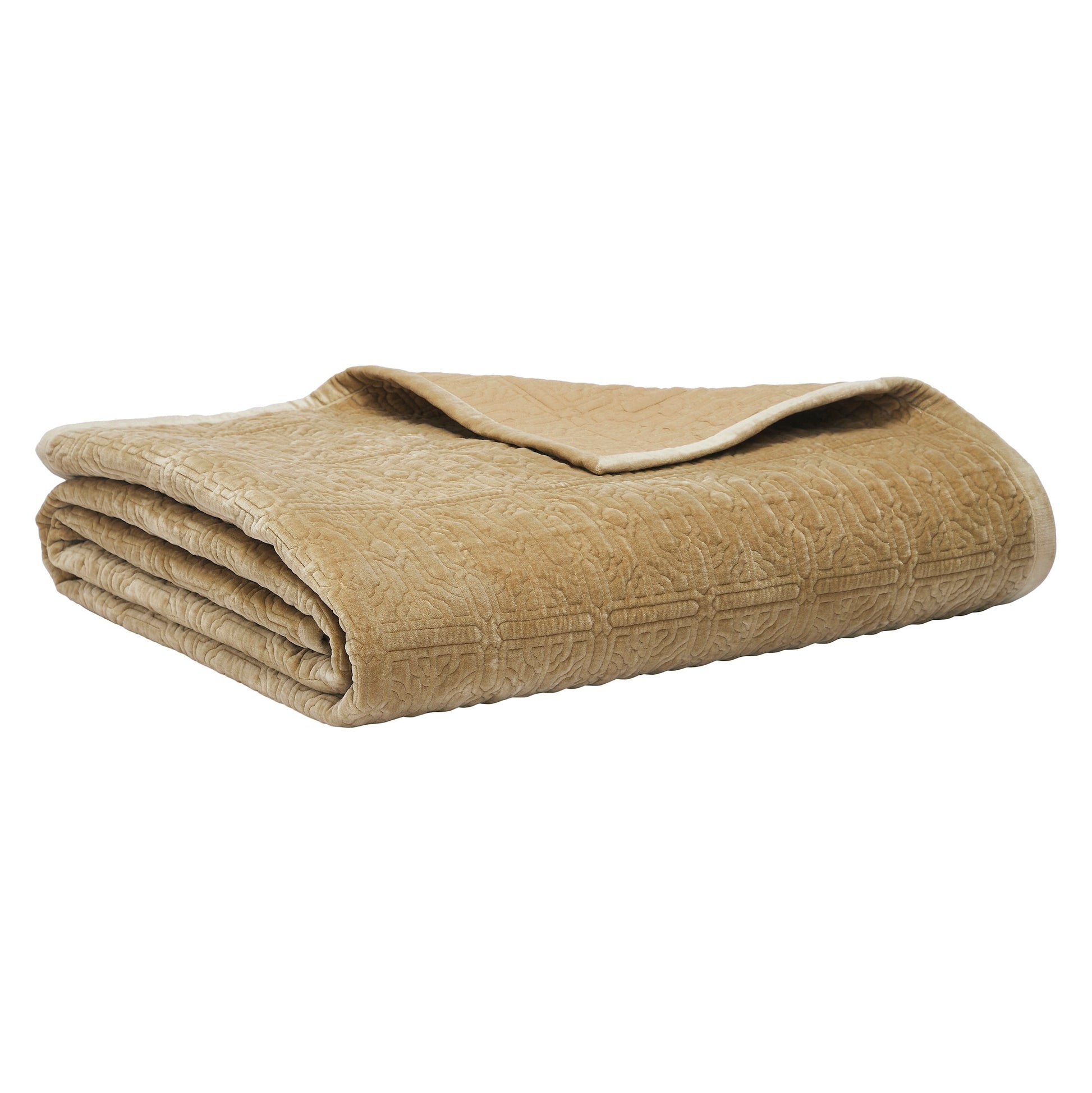 QT-377-11096_8|Neatly folded tan quilt with a subtle embossed geometric pattern, perfect for adding warmth and sophisticated style to any bed.