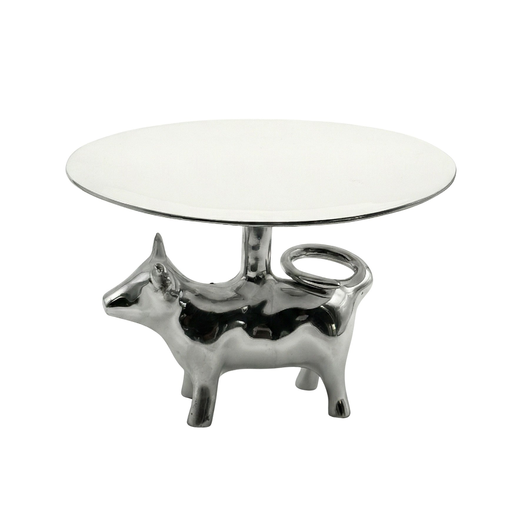 Small round table with a glass top and metallic cow-shaped base on a white background