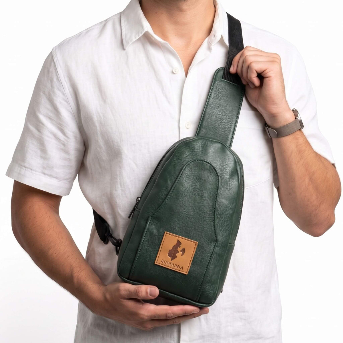 Buru forest green vegan leather sling bag crossbody wear #color_forest-green