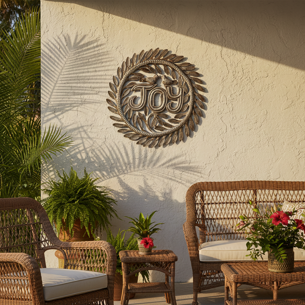 Simple Joy round Haitian metal art mounted on a whitewashed coastal patio wall with tropical plants and golden hour light