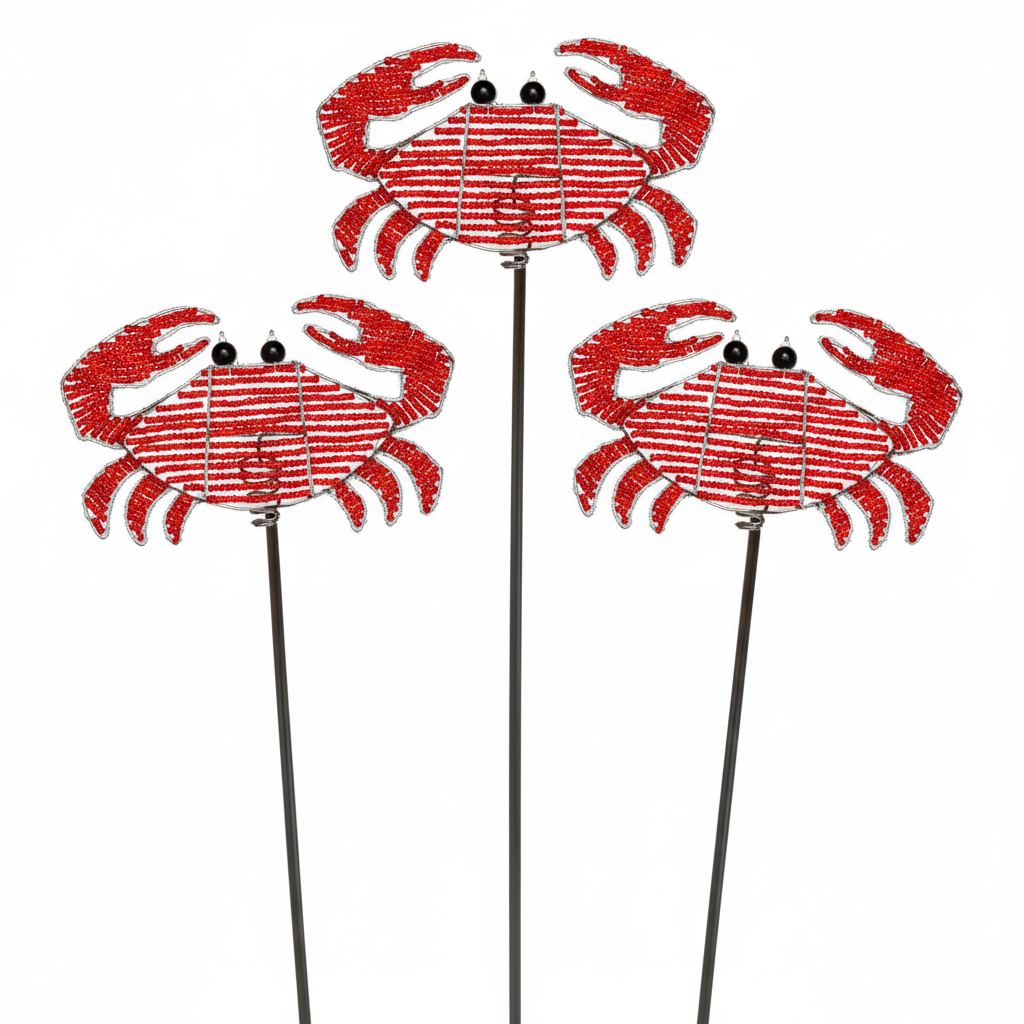 Handmade beaded red crab garden stake set of 3 on white background – 12CRBST1