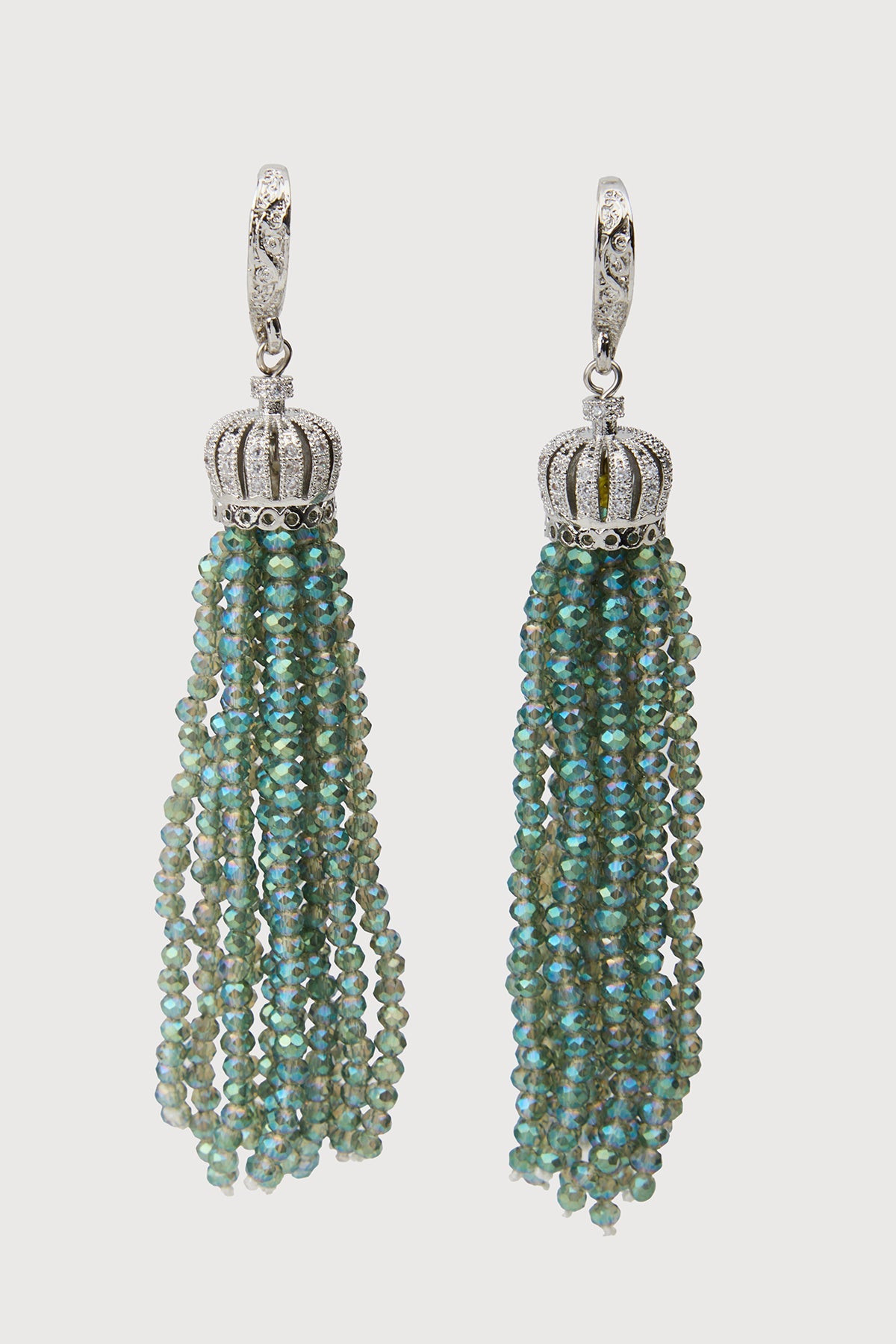 Crown Tassel Drop Earrings - Green