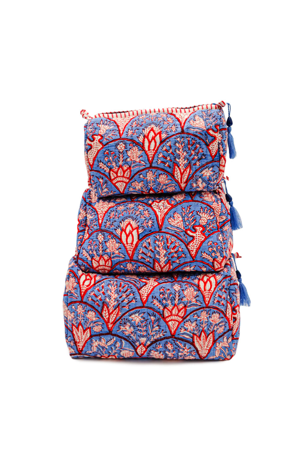 Stacked Blue Arch toiletry bags from Inner Child