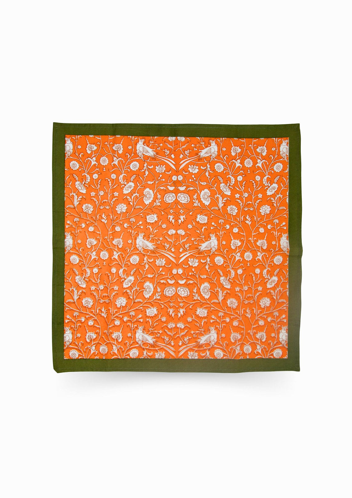 Inner Child orange blockprint napkin with bird and floral patterns