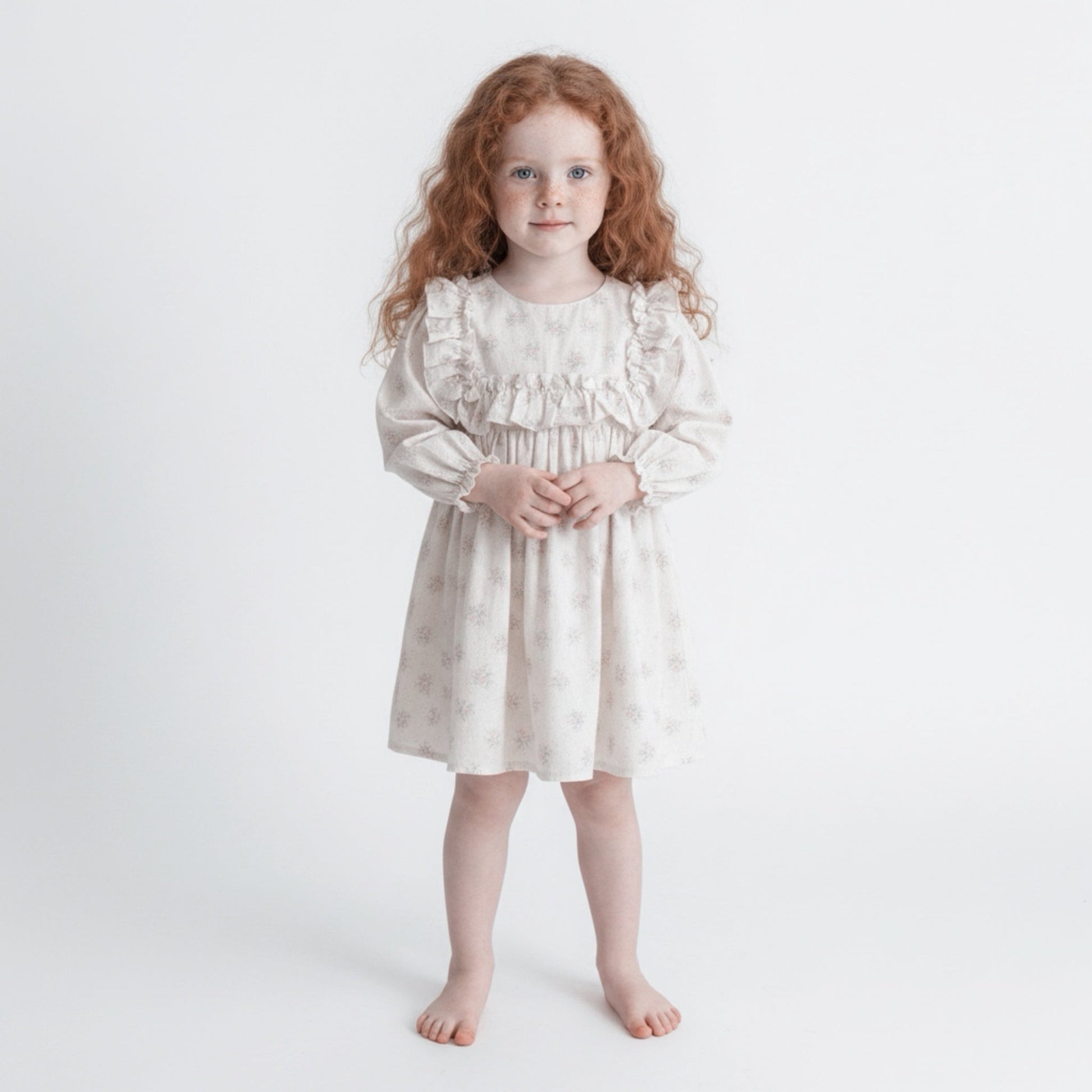 Young girl wearing a white dress with ruffles on a plain background