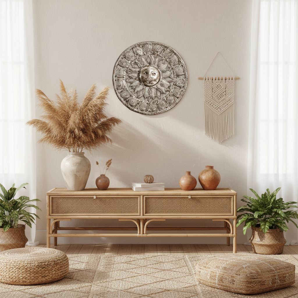 Here Comes the Sun Haitian metal wall art as focal point in boho living room above rattan console table