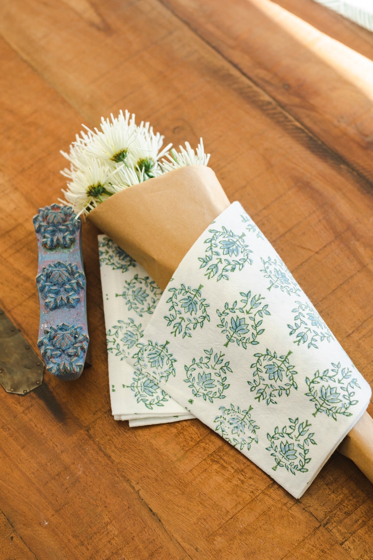 Tea Towel - Lotus, Sage & Uniform Blue - The Mended Company
