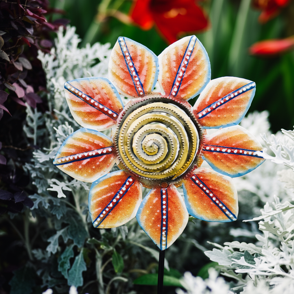 Orange Petal Painted Garden Stake close-up handcrafted metal art detail