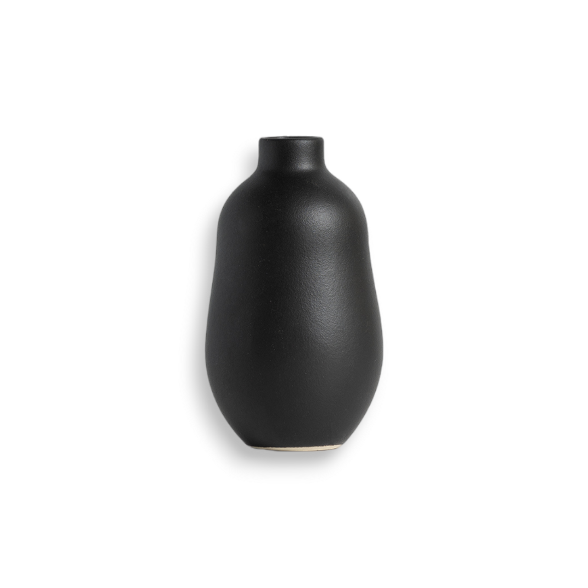 Matte black handmade enameled stoneware vase with a minimalistic and ethno-contemporary design, displayed on a white background