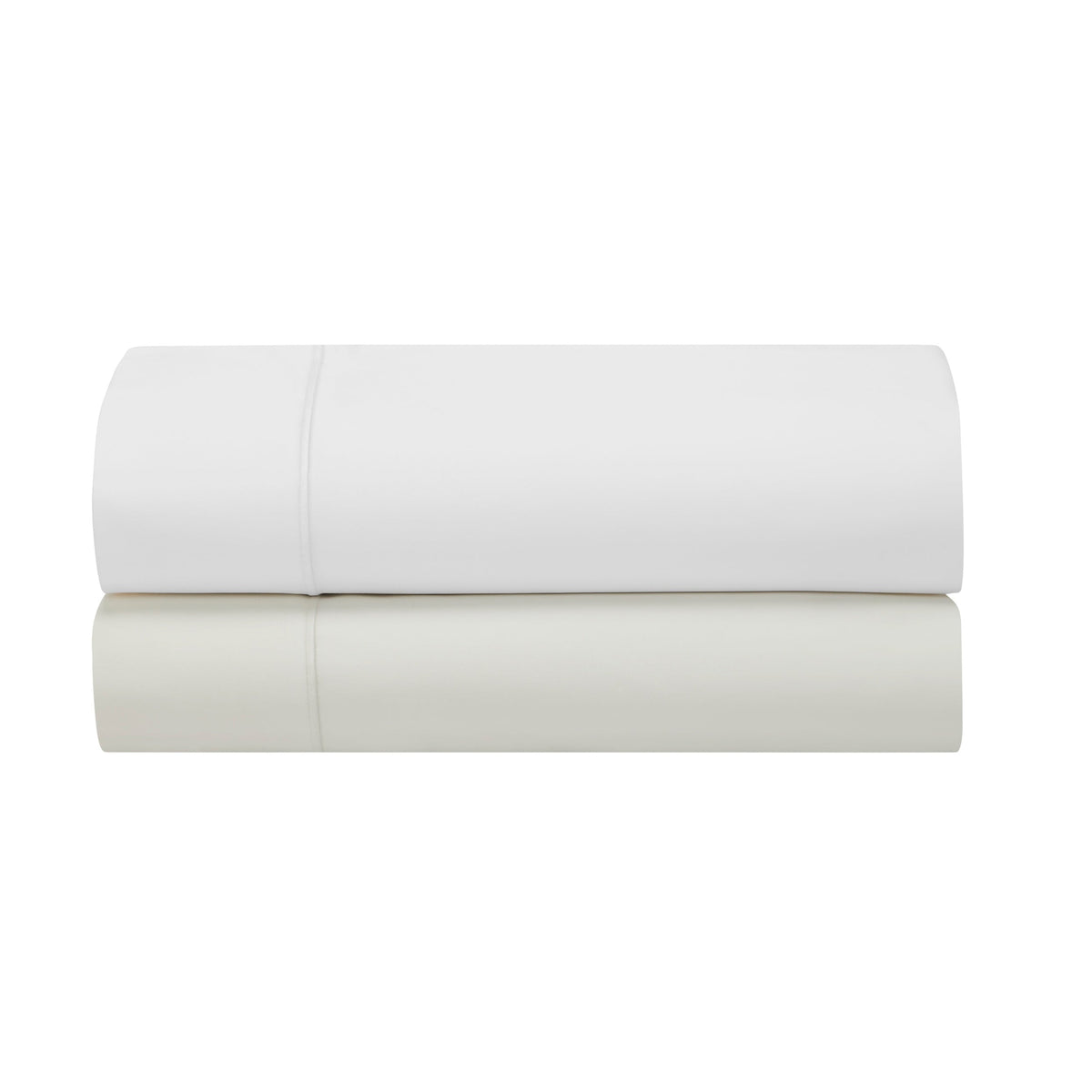 QFL-546-6080_7|Stack of two folded 100% cotton sheets, white and light beige. Luxurious, soft, and breathable percale cotton bedding.