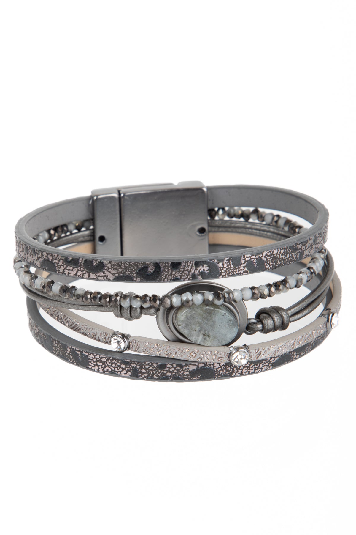 Natural Stone Beaded Leather Bracelet - Gray