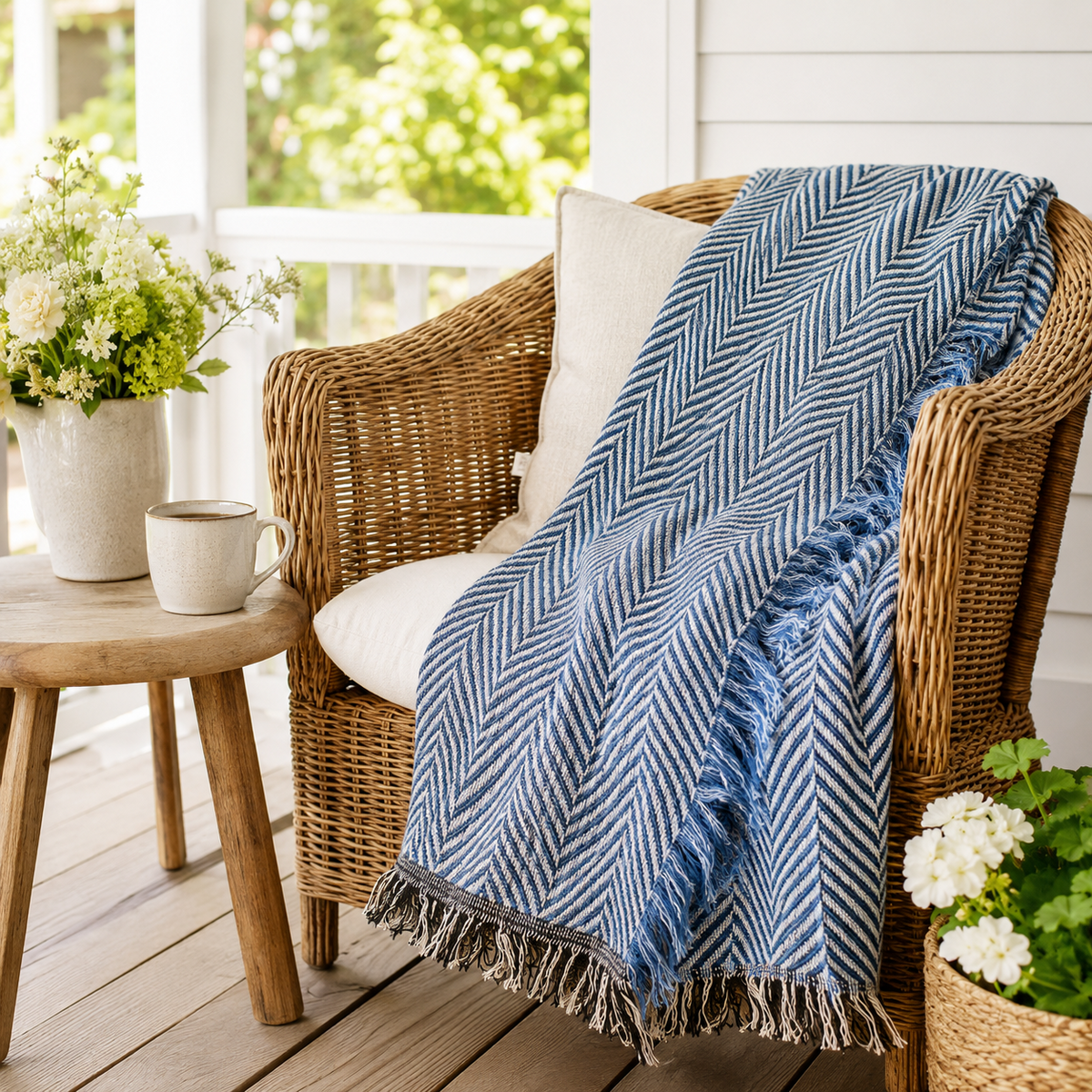 Folded Henry Chambray blue herringbone reversible jacquard woven throw blanket