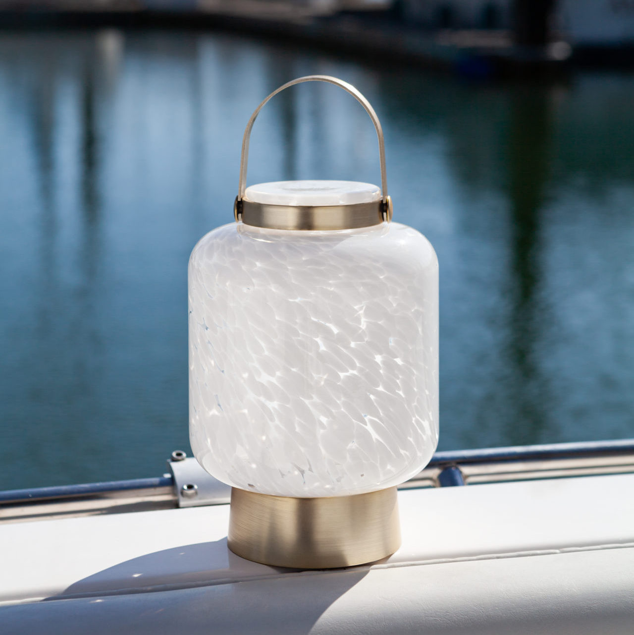 Lightkeeper USB rechargable handblown glass lantern on boat