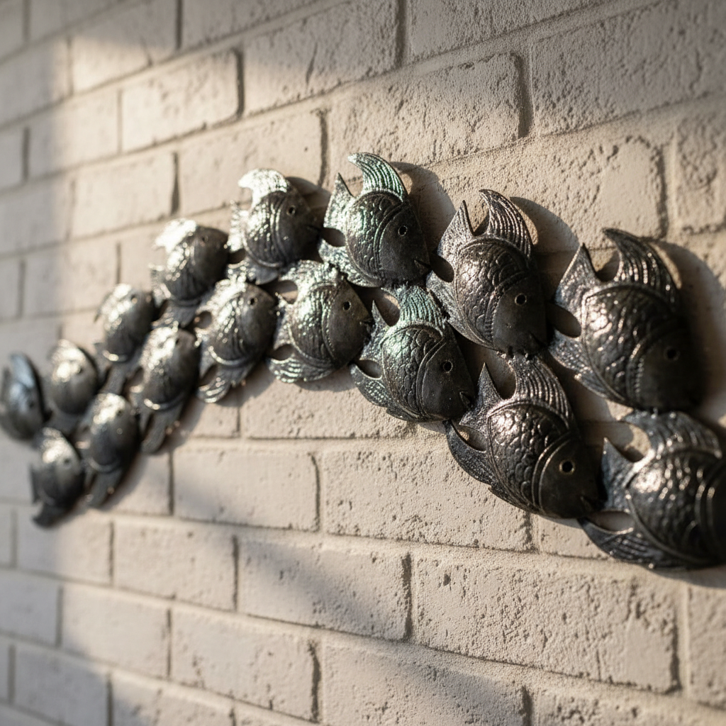 Getting Along Swimmingly - Close-up detail of handcrafted Haitian recycled steel fish wall art