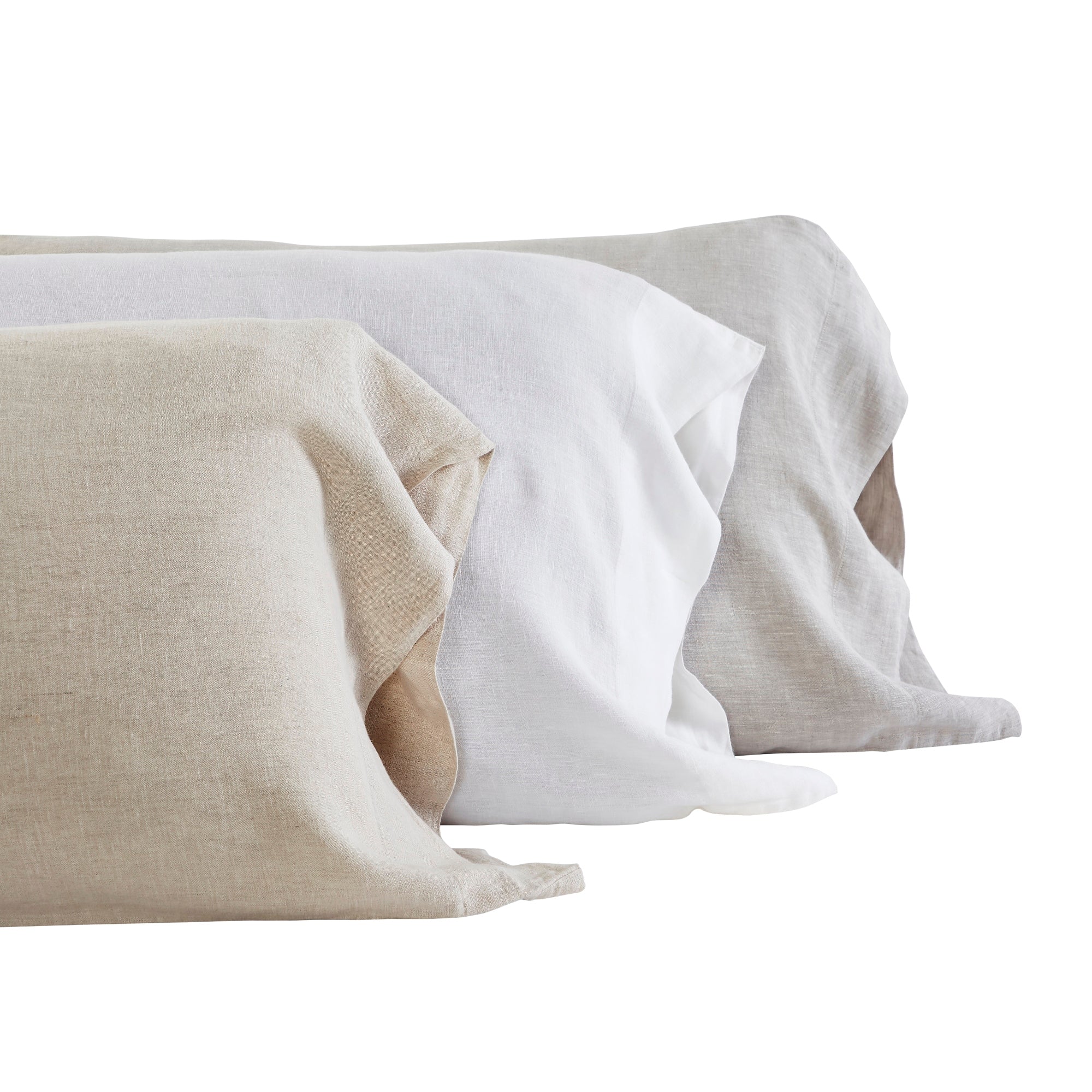 ASP-514-X_2|Stack of natural, white, and gray 100% linen pillow shams, showing soft textures and natural hues.