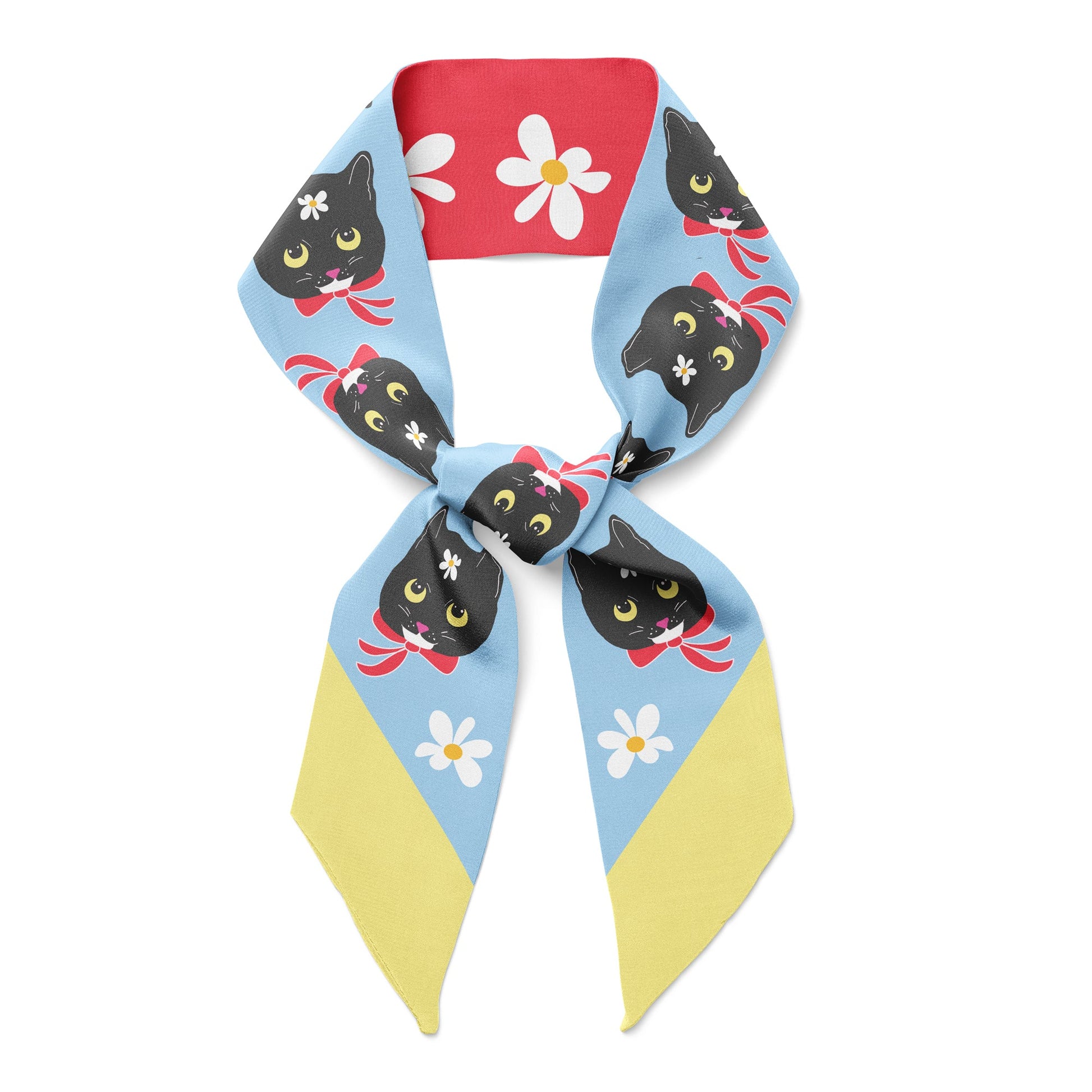Black cats with ribbon collars and flowers on blue and yellow twilly bow ribbon silk scarf. Double sided.