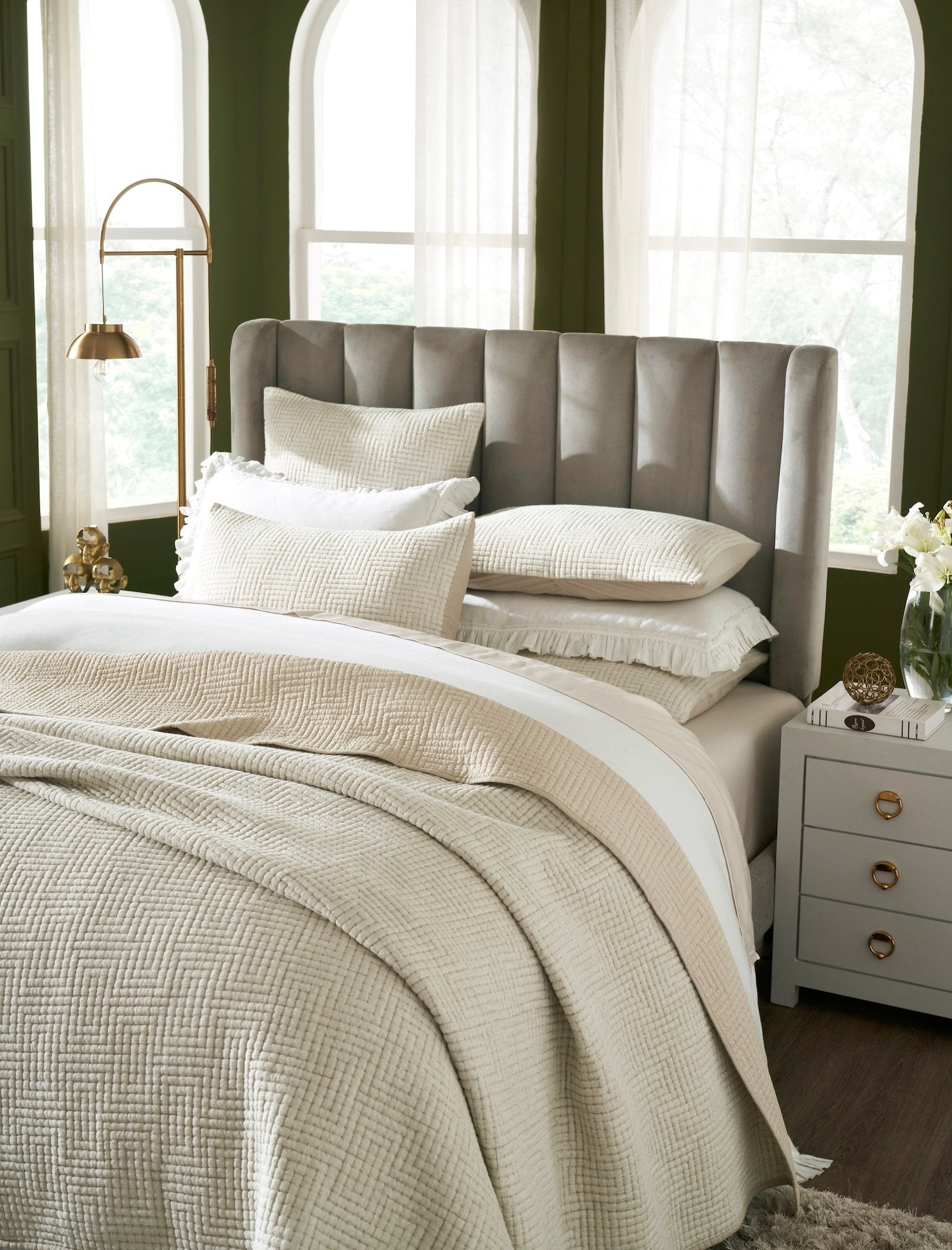 CL-259-9496_3|Beige textured geometric pattern coverlet draped on a modern bed with white bedding, soft, elegant bedroom decor.