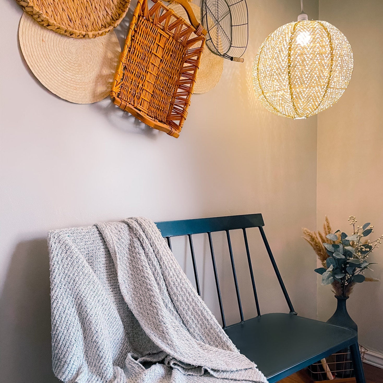 Soji Stella Nova Indoor Outdoor Tyvek Pendant Lamp over bench