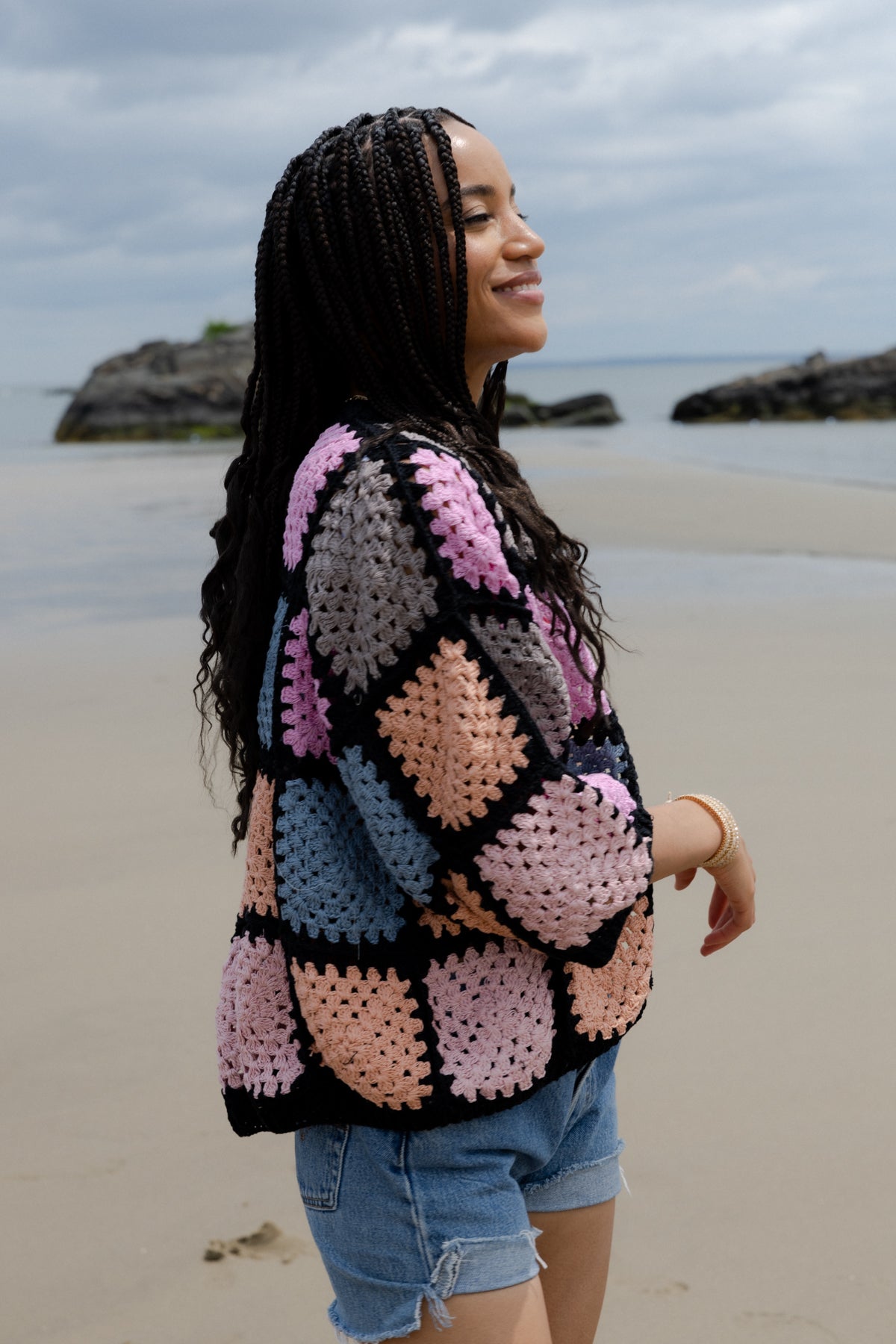 Crochet Pastel Squared Short Jacket - Black