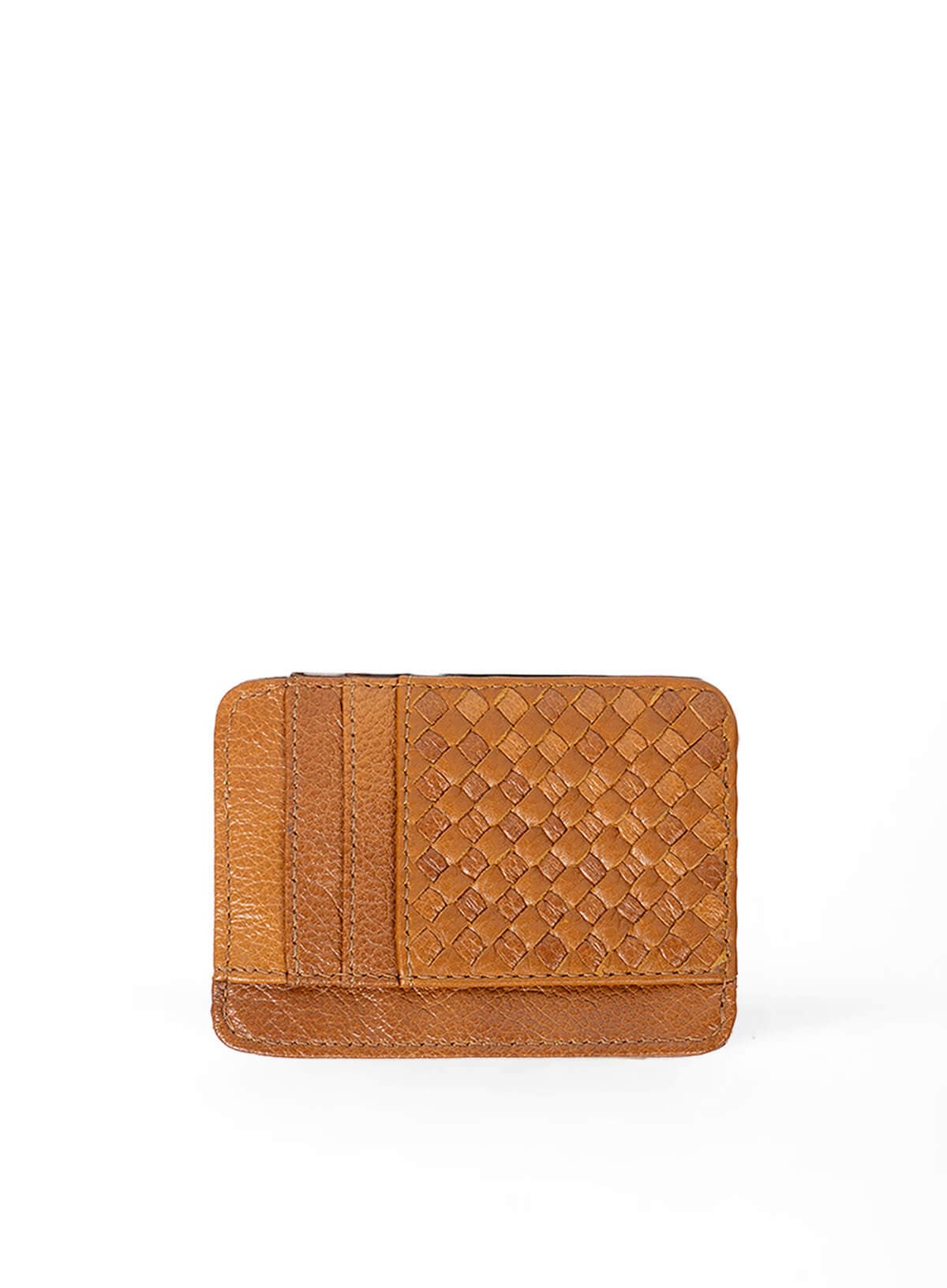 card holder in cognac from ethically crafted accessories held by model showcasing front view.