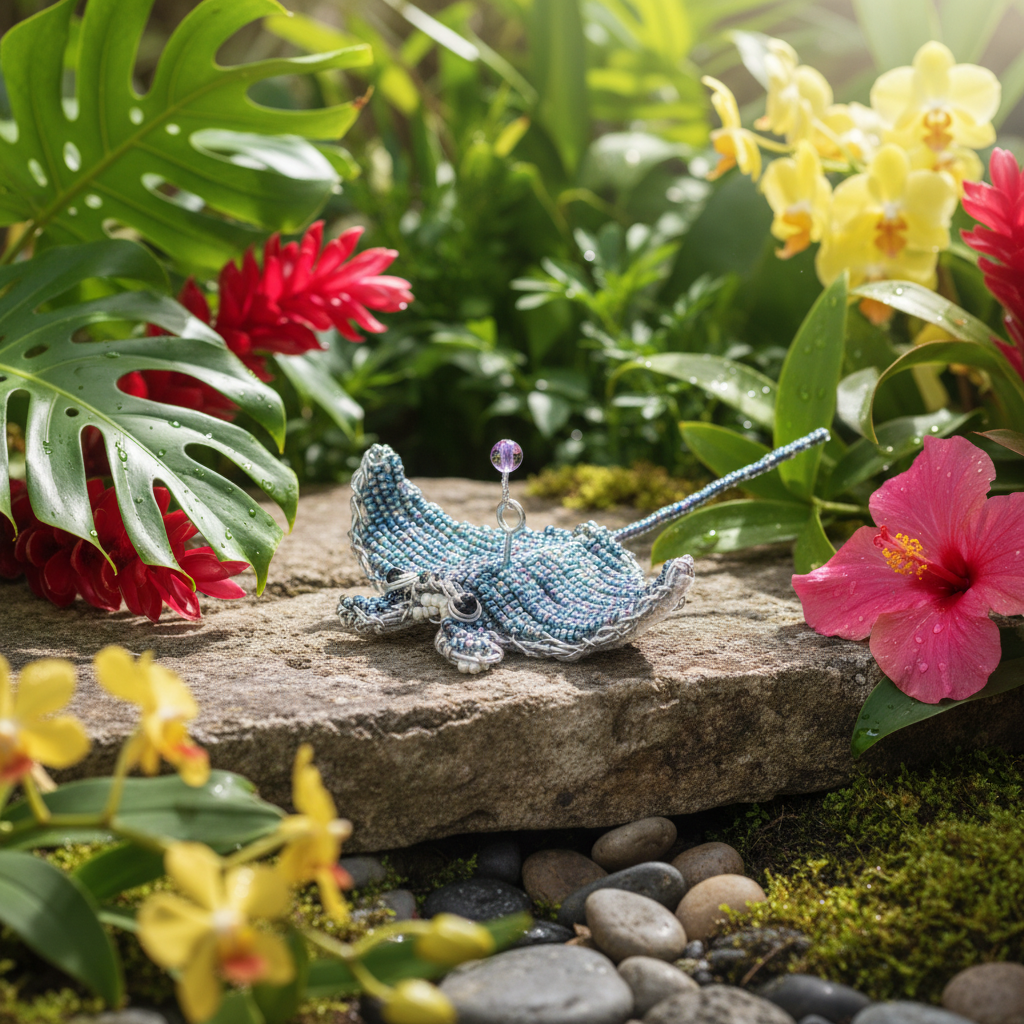 Handcrafted beaded manta ray figurine in outdoor garden setting surrounded by tropical plants