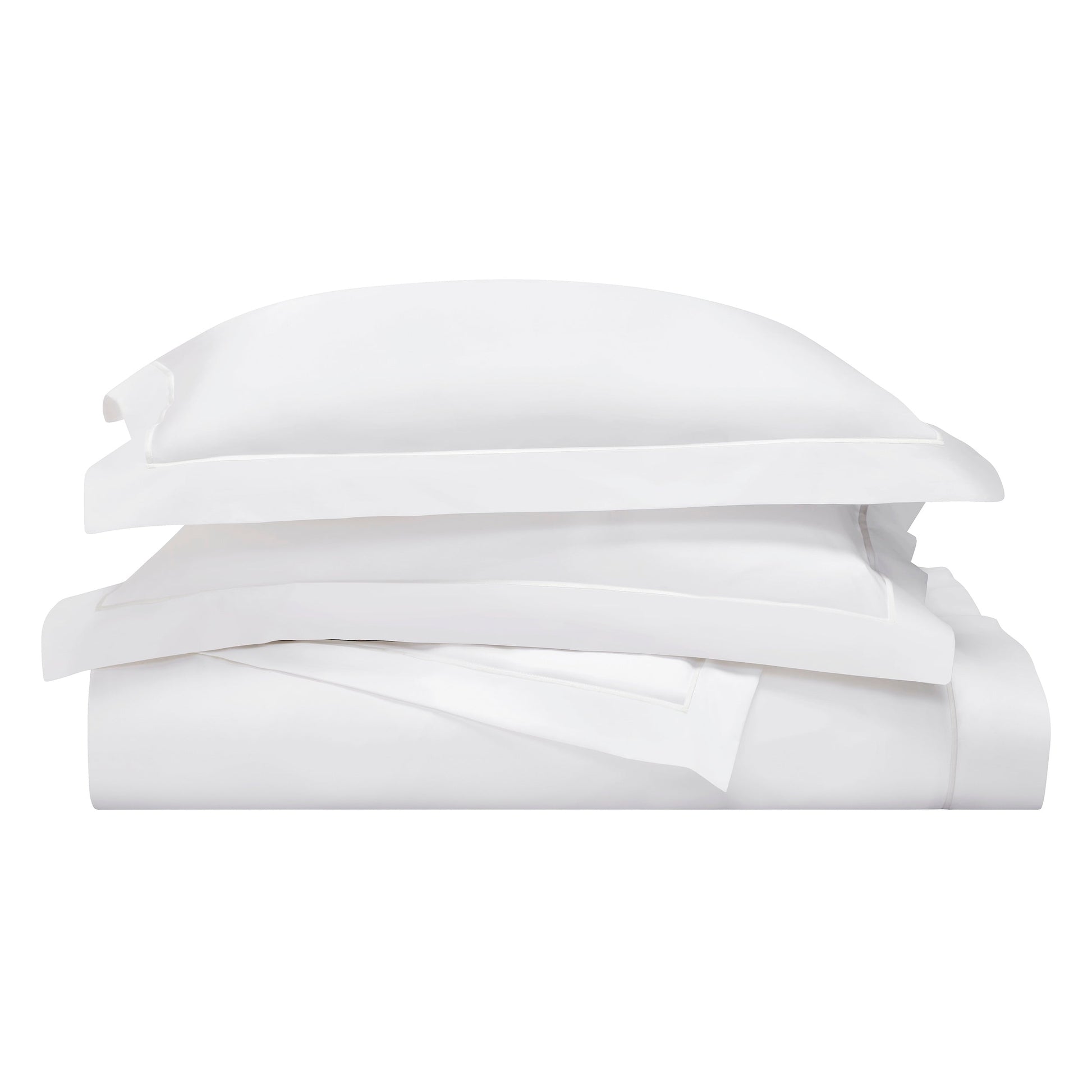 DT-065-10692_5|Stacked white luxury duvet cover and pillow shams, neatly folded, showcasing premium crisp cotton bedding essentials.