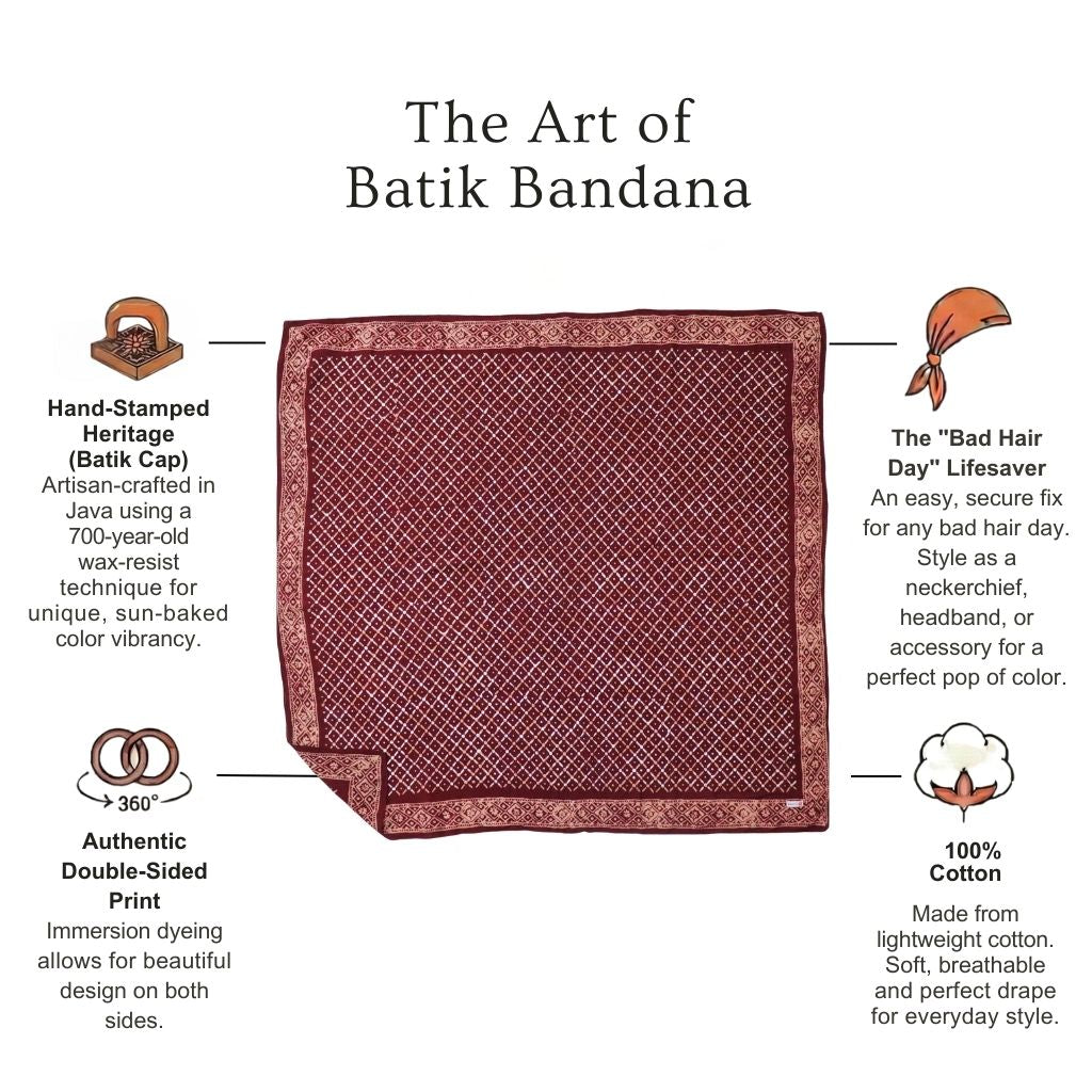 Large 39" Hand Dyed Batik Bandana, 100% Soft Cotton, Crimson Cross, Red, Western Wild Rag