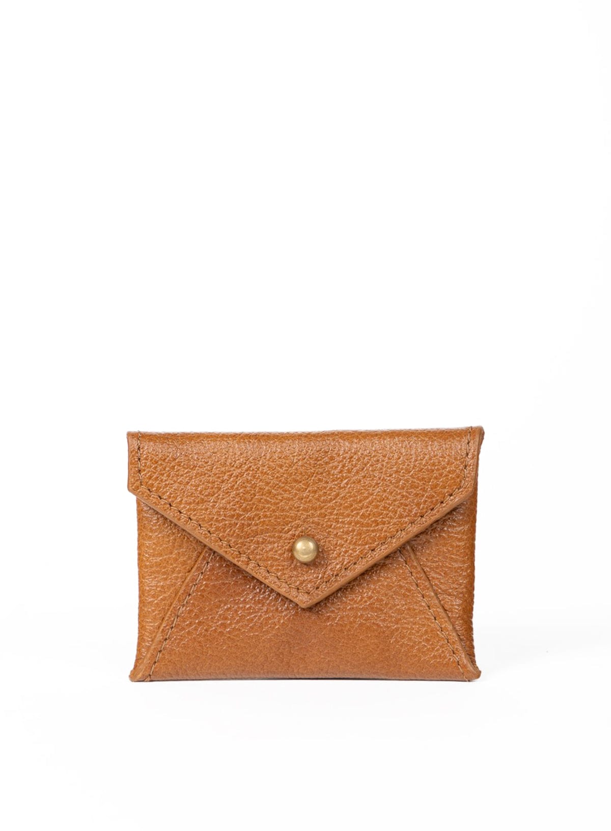 coin pouch from ethically crafted accessories in cognac color held by model showcasing front view.