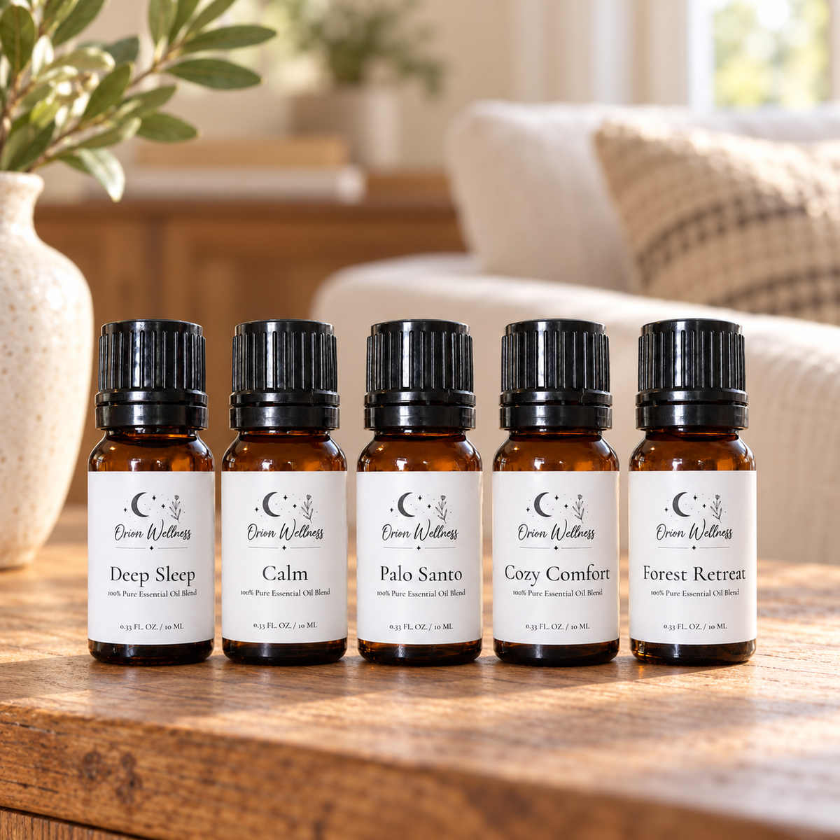 Orion Wellness evening diffuser blend set in a home setting