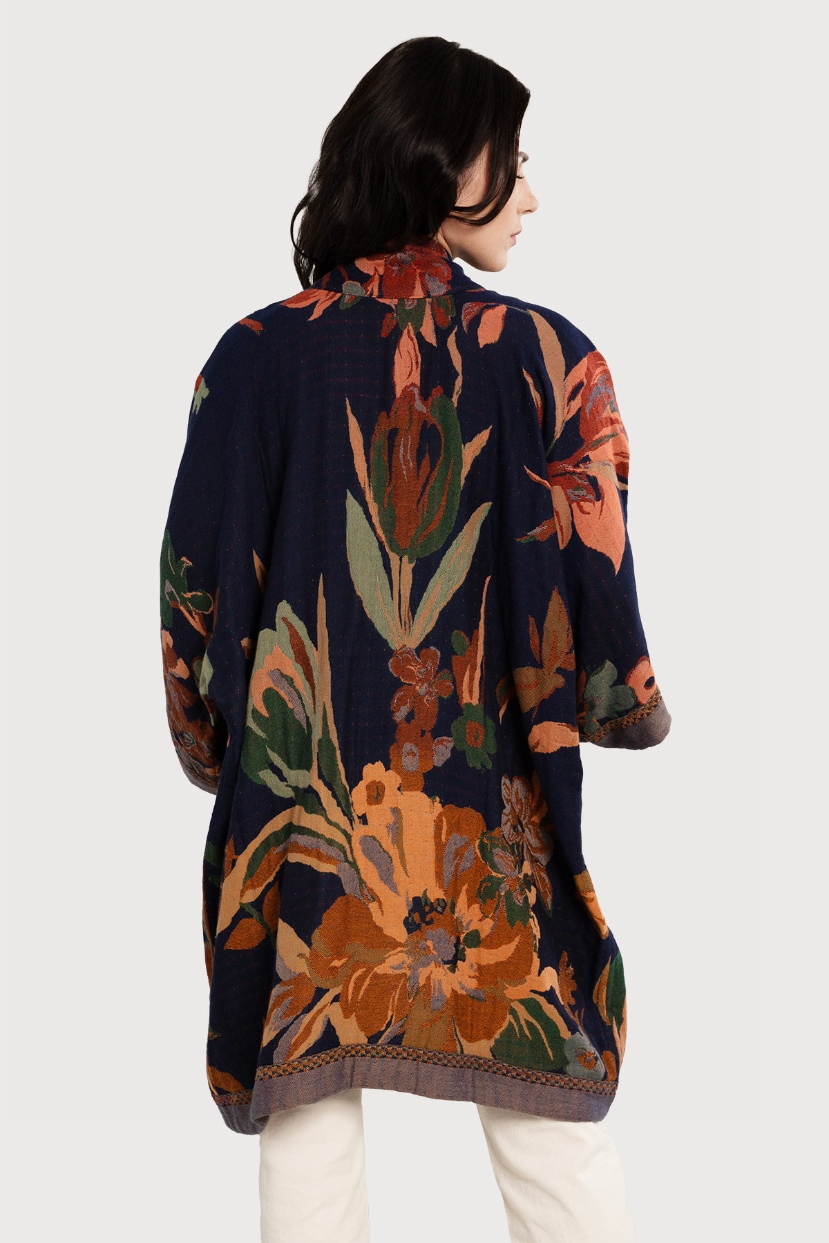 Floral Kimono Cotton Jacket - Midnight Blue