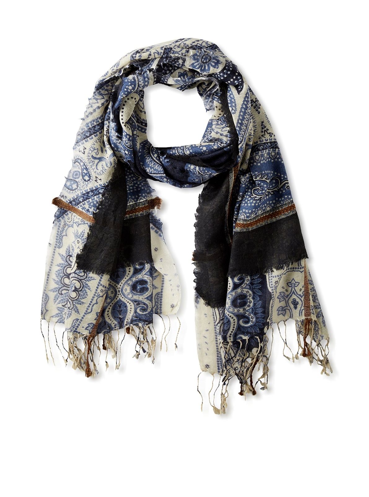 Paisley Patchwork Frayed Scarf - Corn Flower Blue