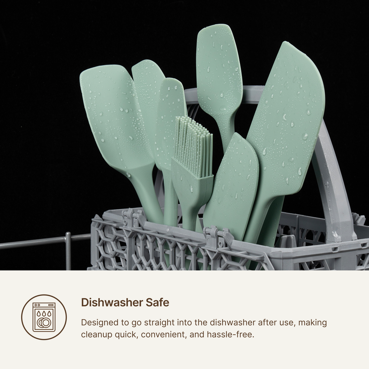Elihome 6 Piece Silicone Spatula Set standing in a dishwasher rack, designed to go straight into the dishwasher for quick and hassle free cleanup