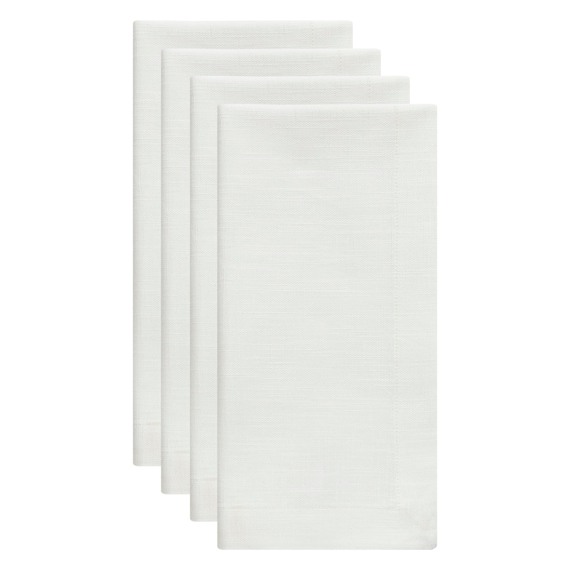 NP-4808-2020_2|Set of four crisp white linen-look fabric dinner napkins, neatly folded, ideal for elegant table settings.