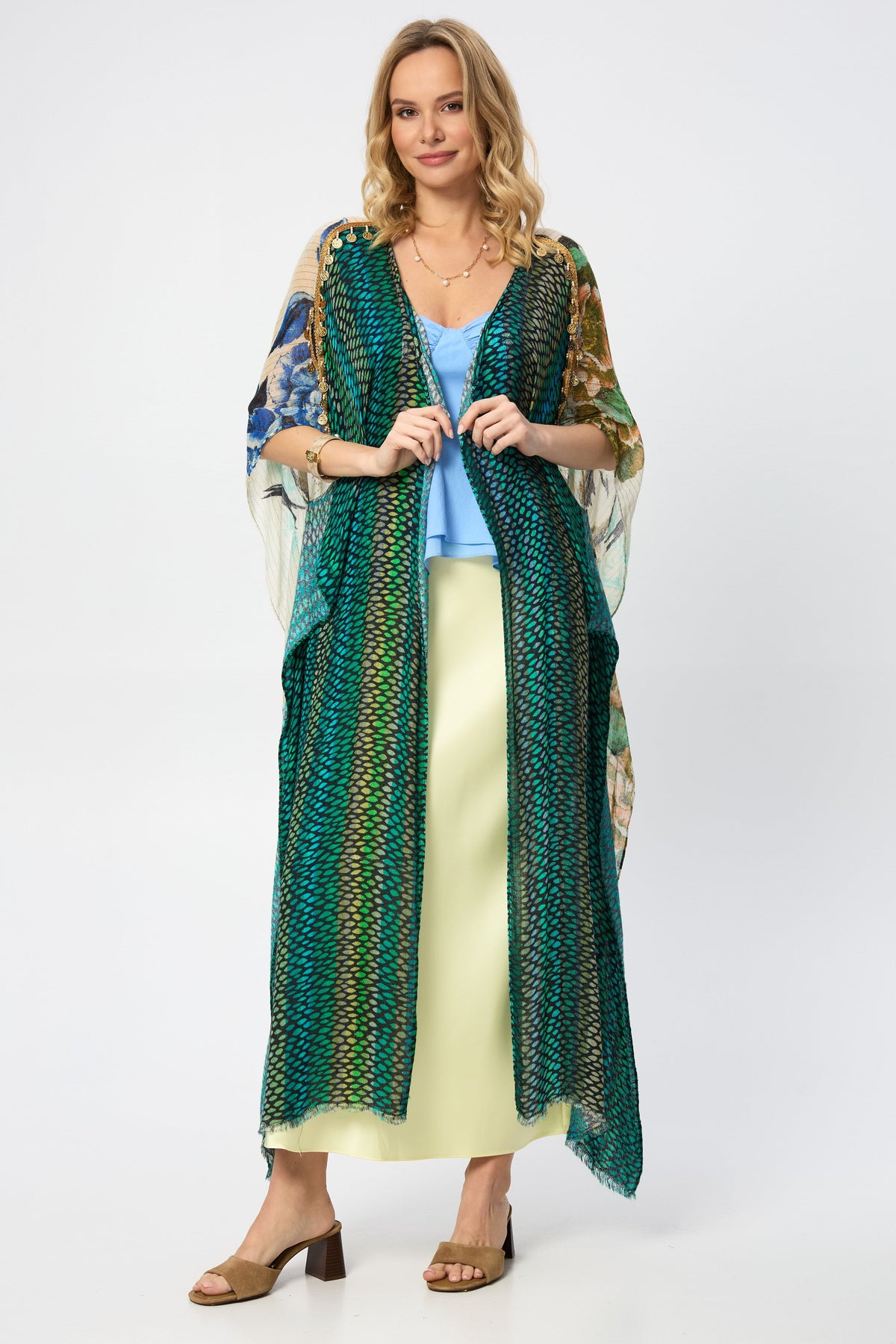 Shimmering Floral Print Kimono - Olive