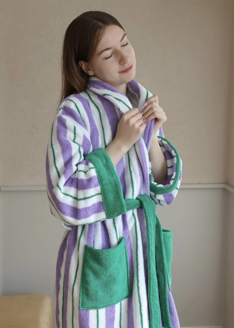 Ultra Soft Whimsical Retro Stripe Bathrobe - 100% Organic Long - stapled Cotton - Whimsical Retro Stripe Bathrobe - INSPECIAL HOME