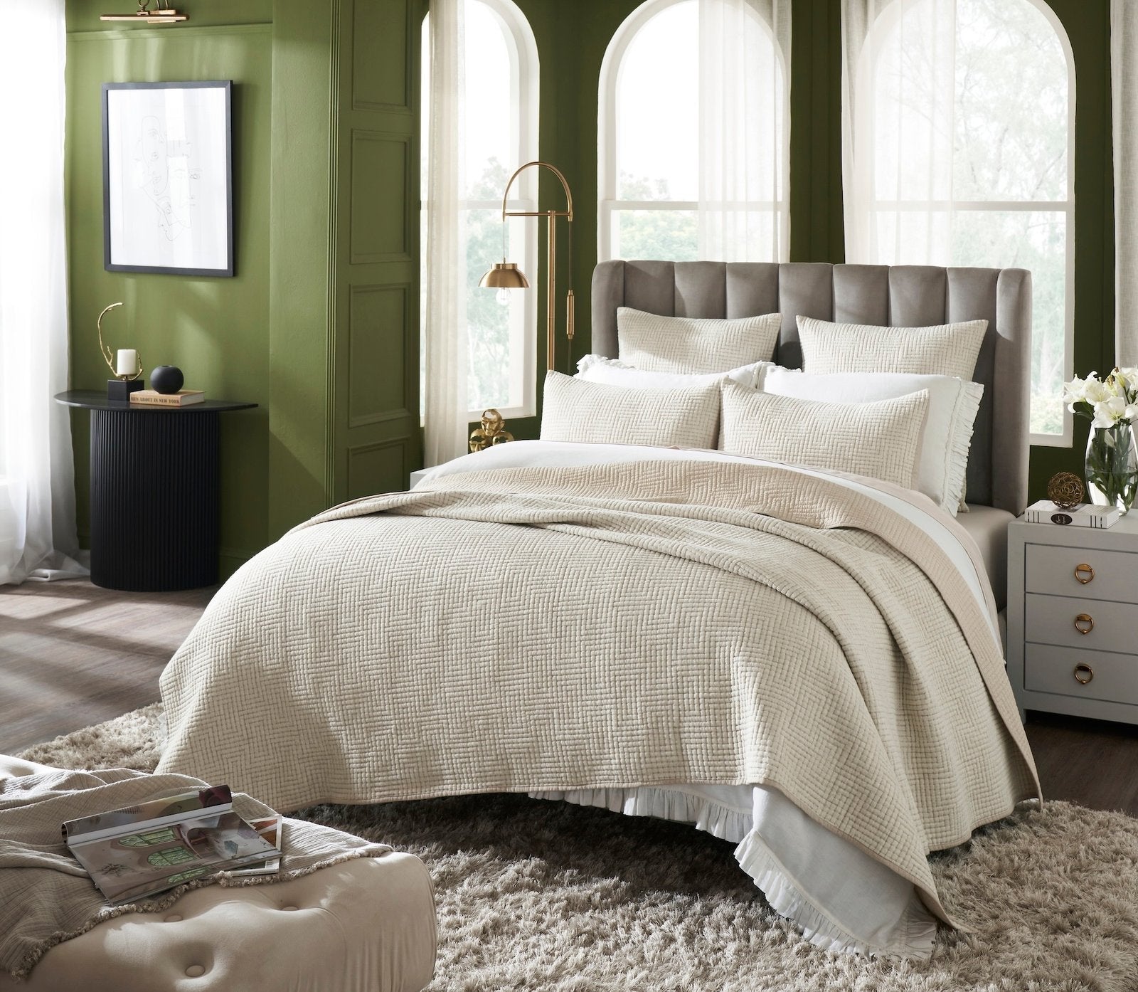 CL-259-11096_2|Elegant cream coverlet showcasing a refined subtle herringbone weave pattern, adding warmth to any sophisticated bedroom.