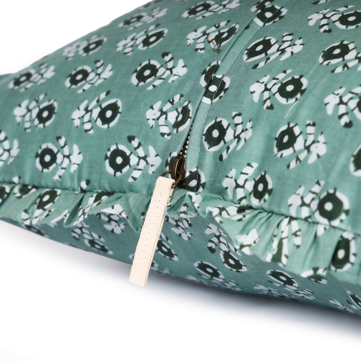 Teal ruffled pillow cover showing back seam