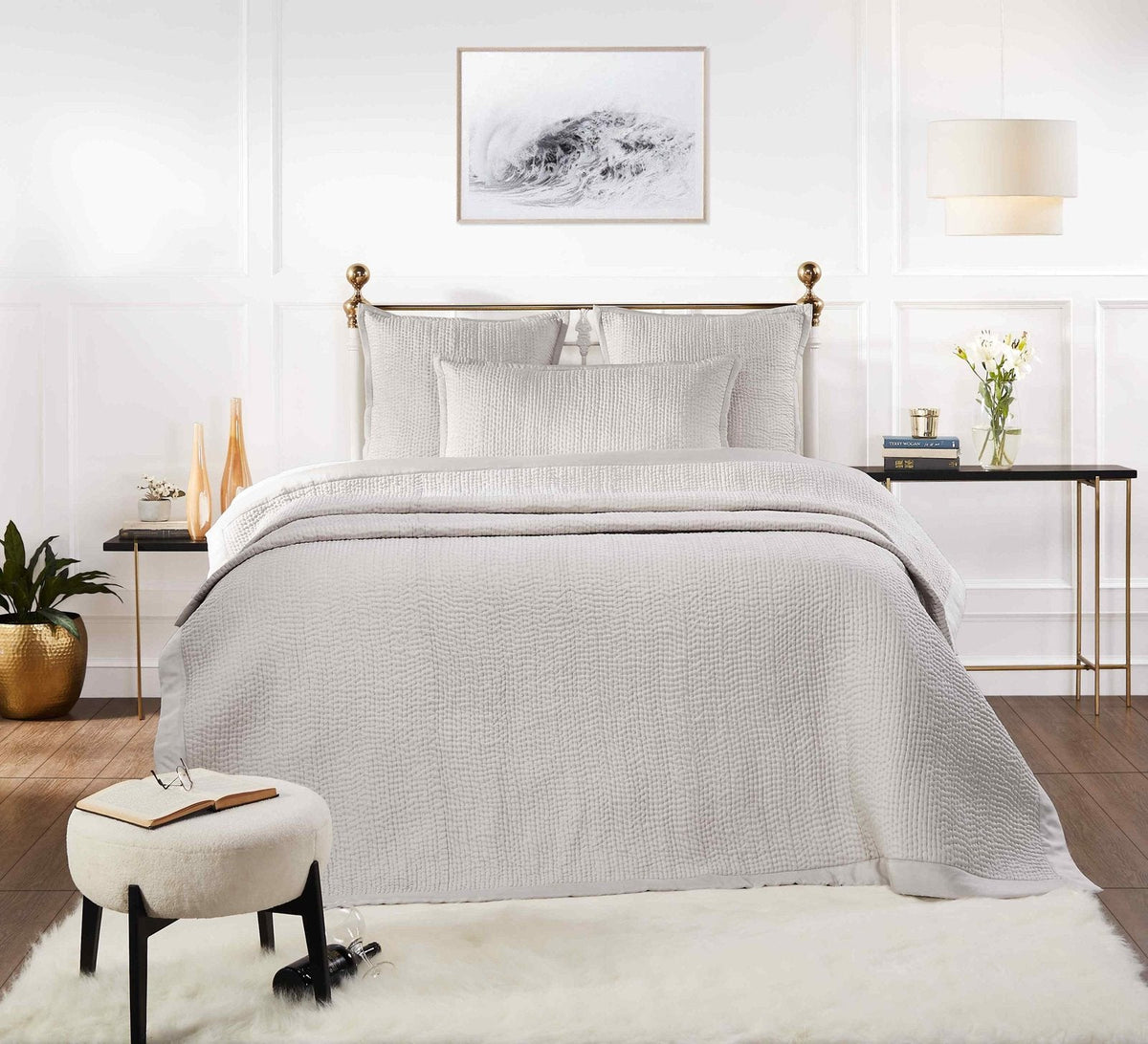 CL-166-11096_1|Light grey quilted coverlet featuring a small, irregular waffle-like quilting pattern and clean finish. Bed setting.