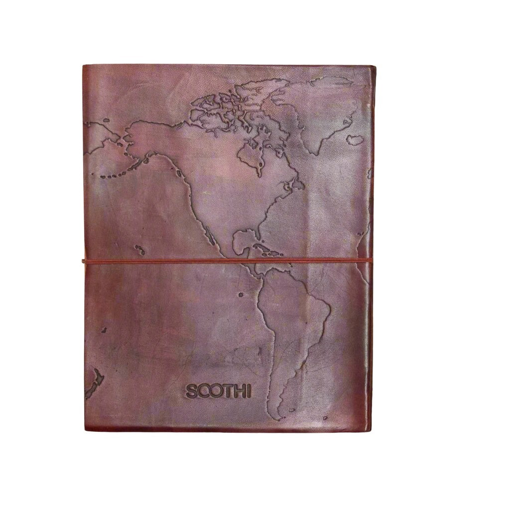 Vintage-style world map in extra large leather journal – ideal gift for travelers, writers, and geography lovers