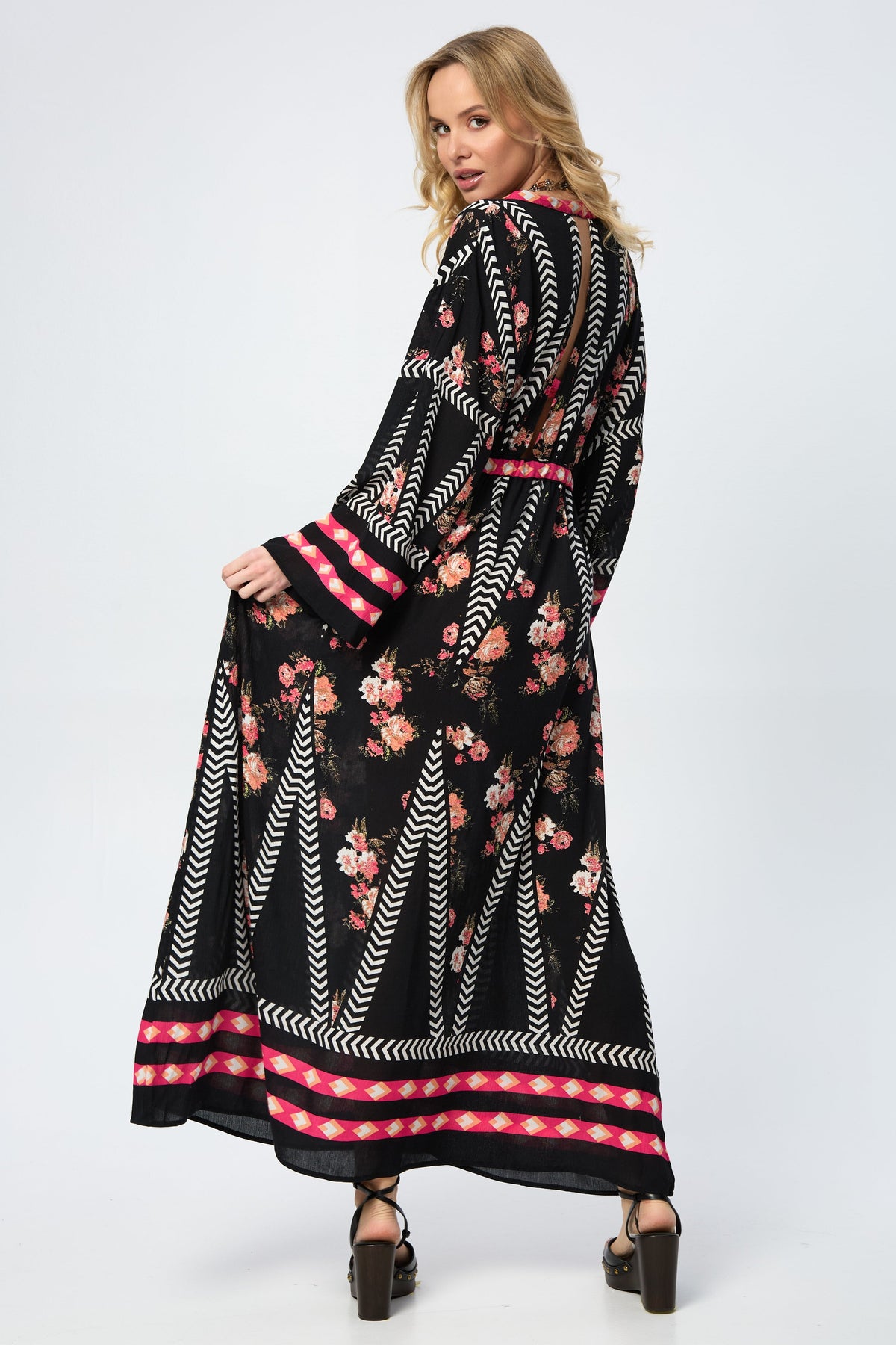 Aztec Floral Keyhole Kaftan - Black Combo