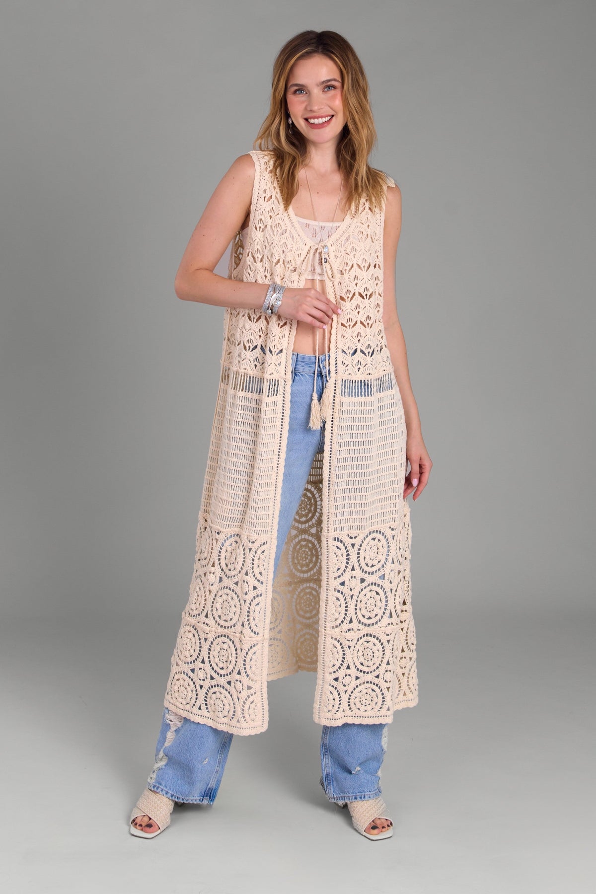 Crochet Tie Front Long Kimono - Ivory