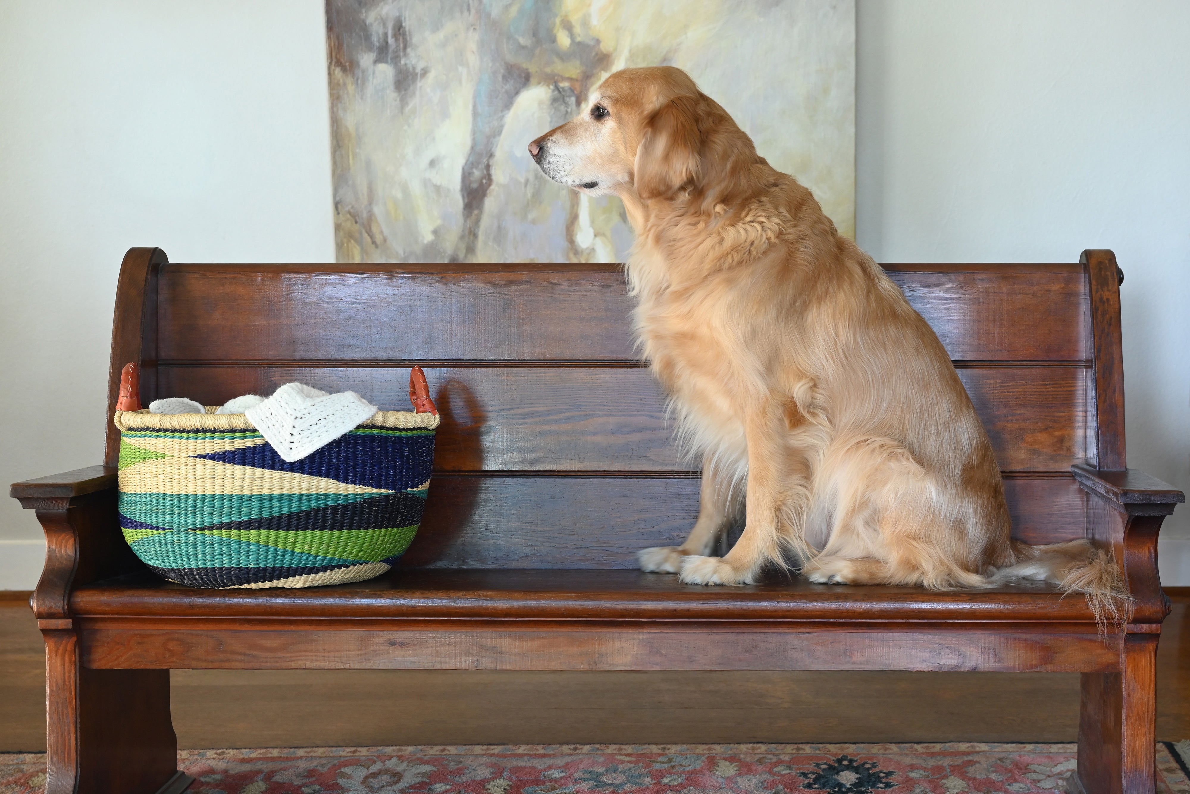 Shades of Blue Triangle Design Bolga Basket with Leather Handles